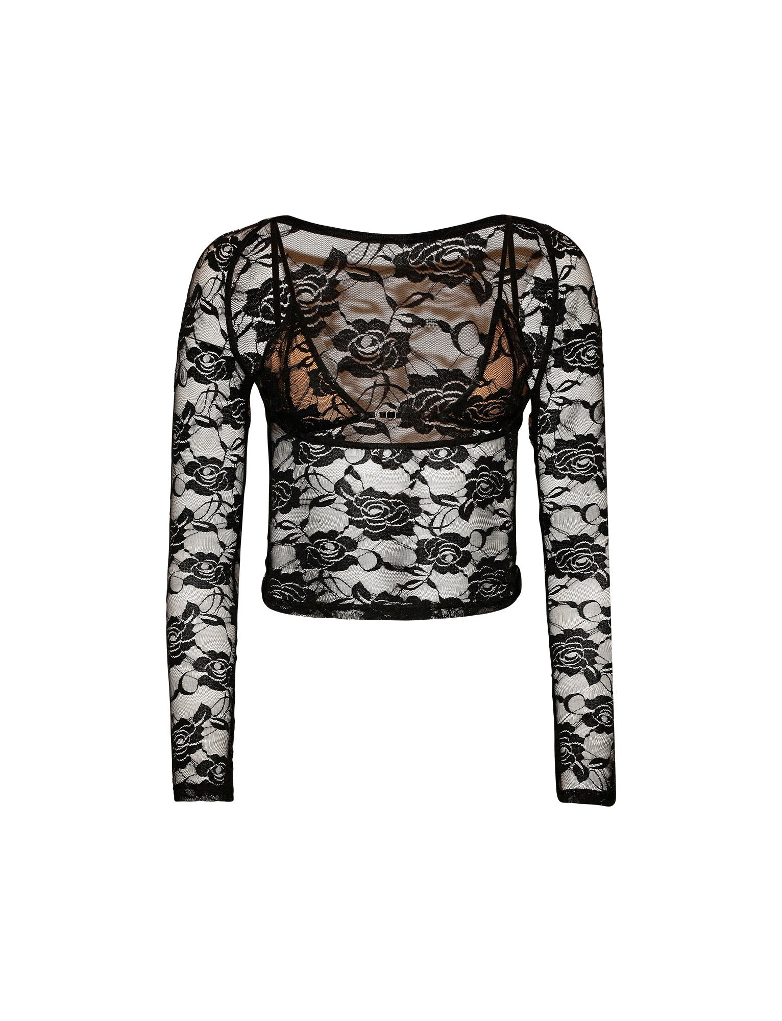 A long-sleeved, black lace crop top called the CHRISTY LONG SLEEVE TOP - BLACK : LACE from TIGERMIST. This sheer top reveals a nude lining underneath and features a floral pattern. It has a rounded neckline and fitted silhouette, emphasizing its delicate, intricate design.