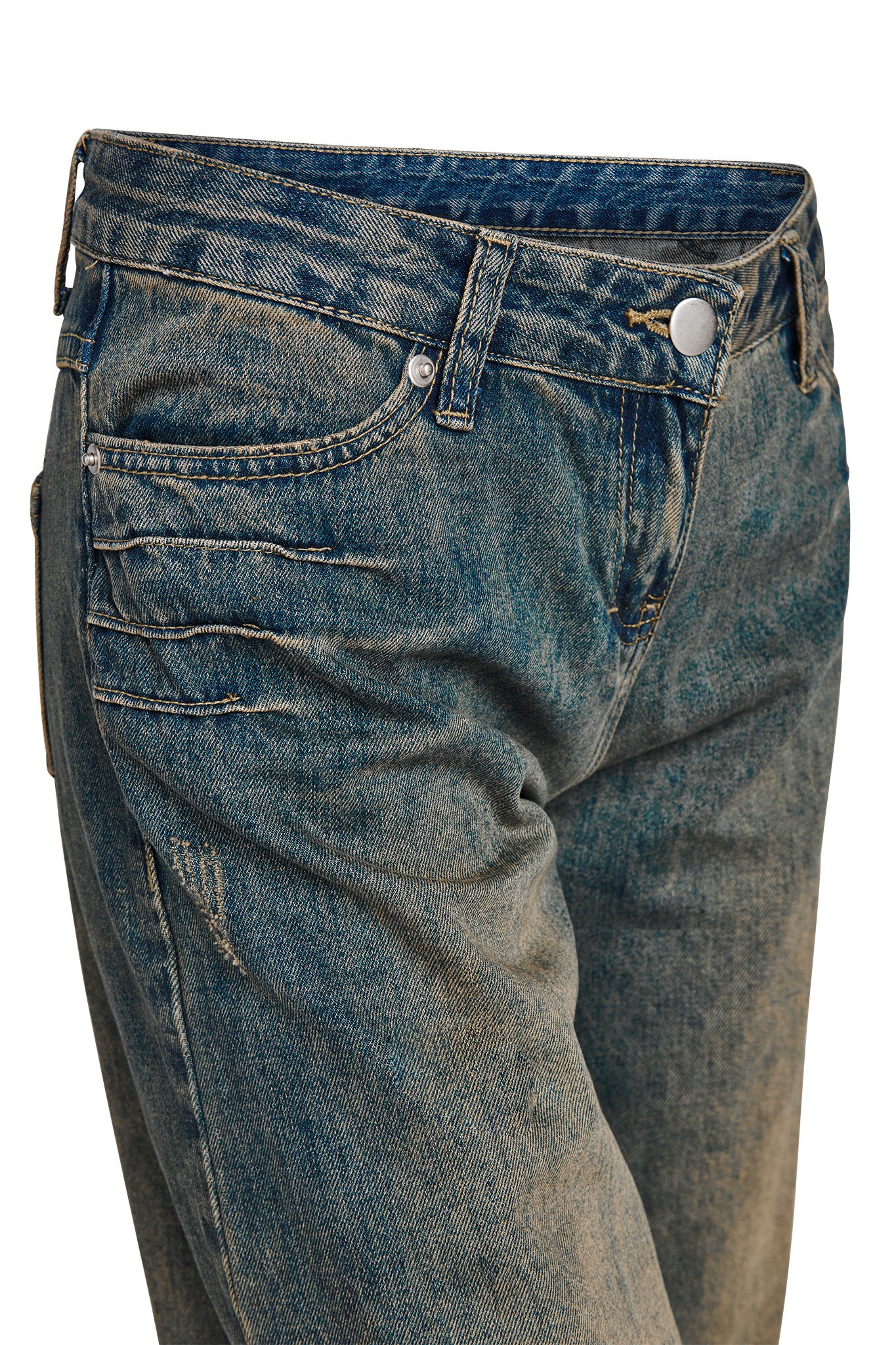 Close-up of the I.AM.GIA DYLAN JEAN - BLUE DENIM, showcasing low-waist fit, button closure, front pockets, and vintage-inspired faded and distressed denim details.