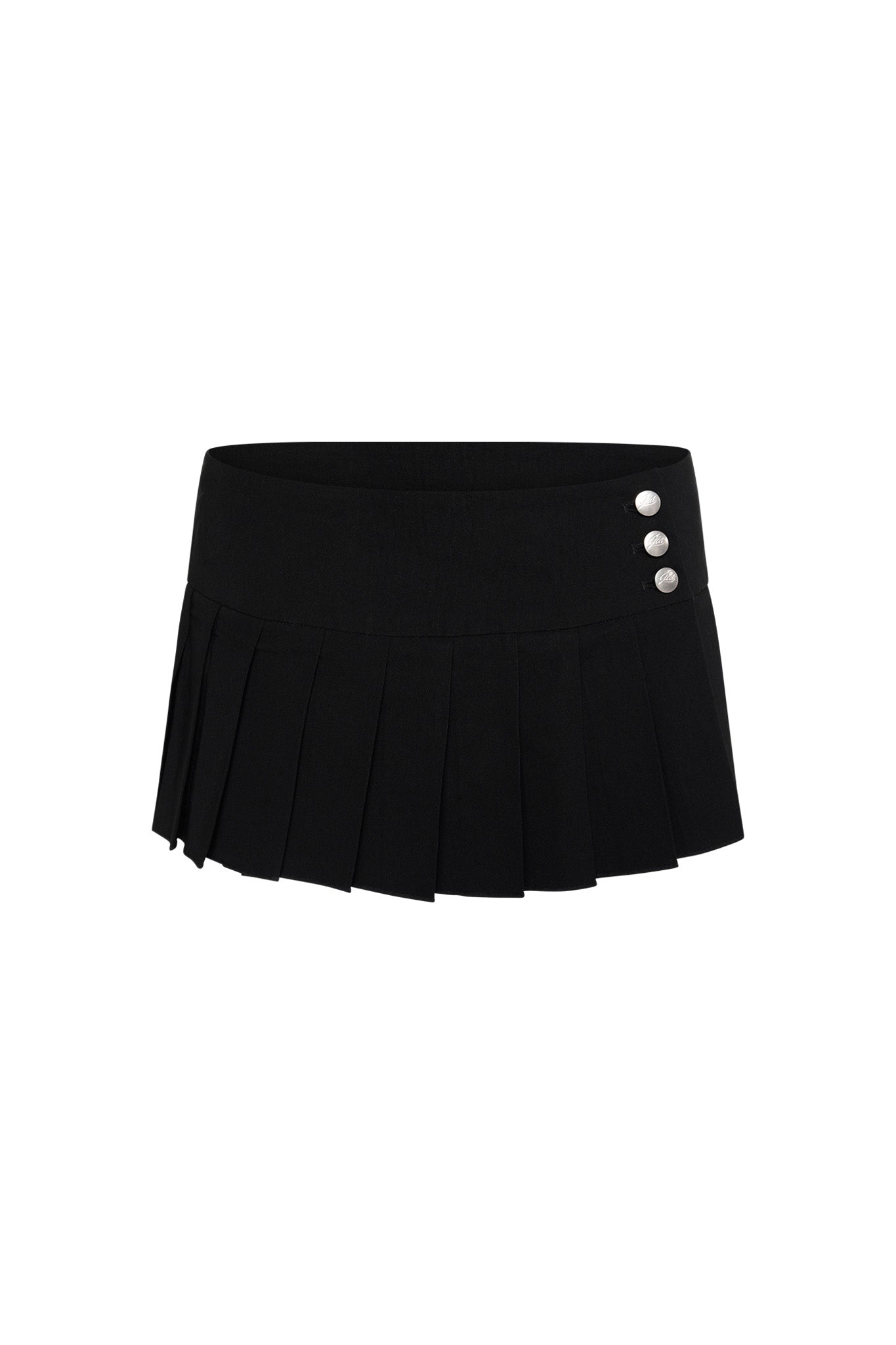 The I.AM.GIA REMINI SKORT - BLACK is a black pleated micro mini skort with a wide waistband and three silver buttons on the left side, shown on a white background.