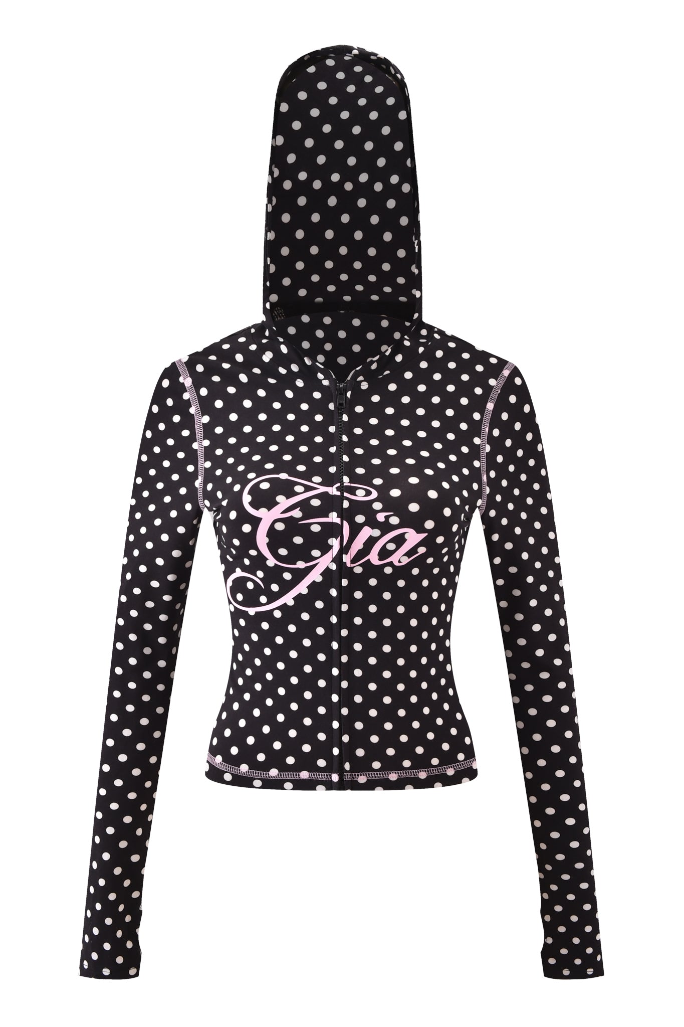 The I.AM.GIA BLARE HOODIE - BLACK POLKA DOT is a black zip-up long-sleeve hoodie with polka dots and features the GIA logo in large pink script across the chest.