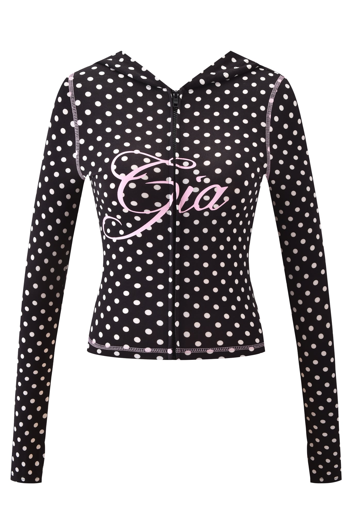 The BLARE HOODIE - BLACK POLKA DOT by I.AM.GIA features black long sleeves, white polka dots, a front zipper, and the GIA logo in pink script across the chest.