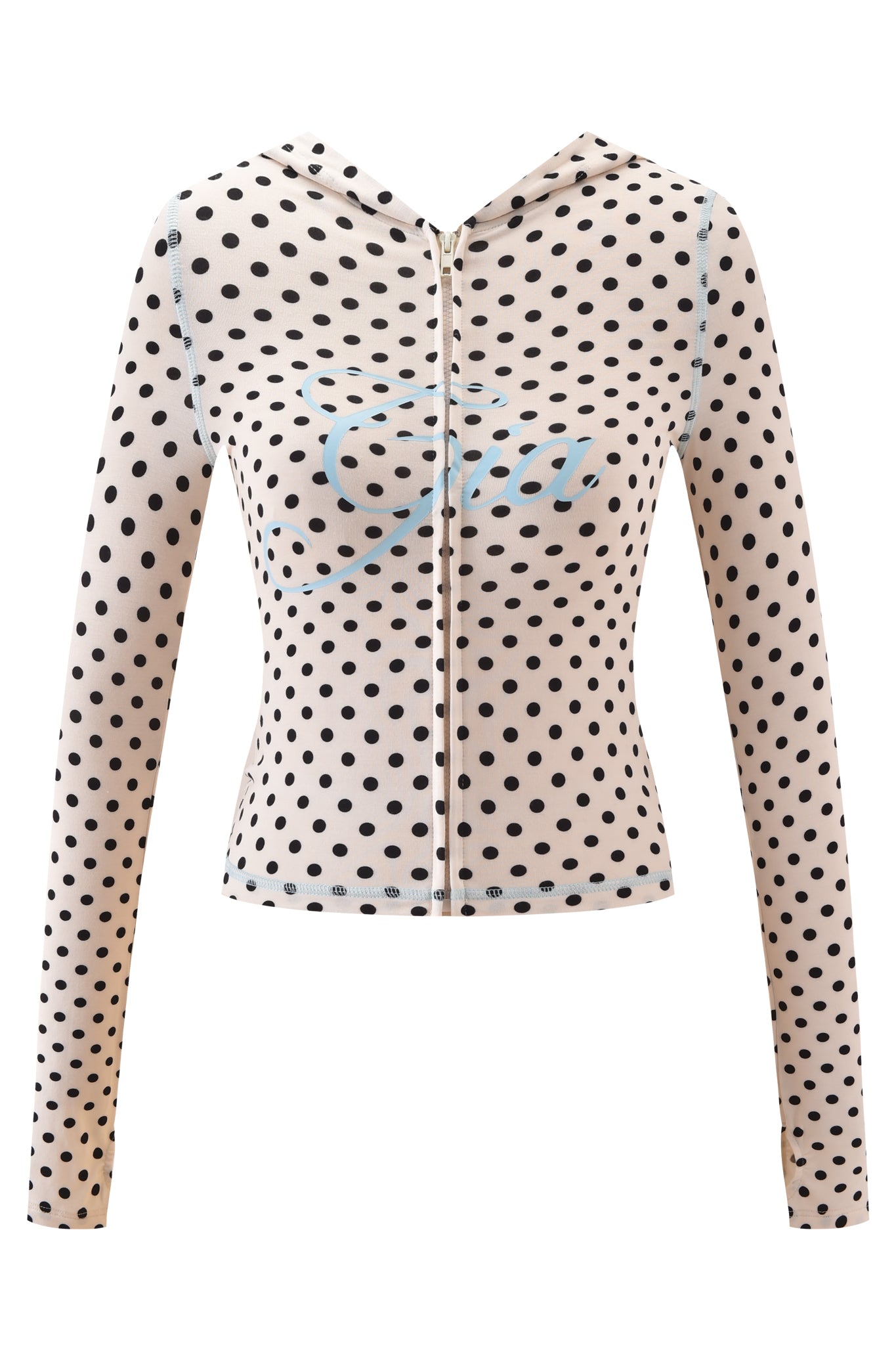 The BLARE HOODIE - CREAM POLKA DOT by I.AM.GIA features black polka dots and a light blue cursive Gia logo on the chest, shown here against a white background.