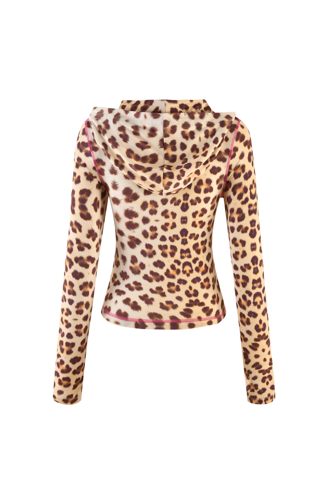 The BLARE HOODIE – NEUTRAL : LEOPARD : WILD CARD by I.AM.GIA features a cropped, long-sleeve brown and beige leopard print design, shown from the back against a white background—perfect for I.AM.GIA fans.