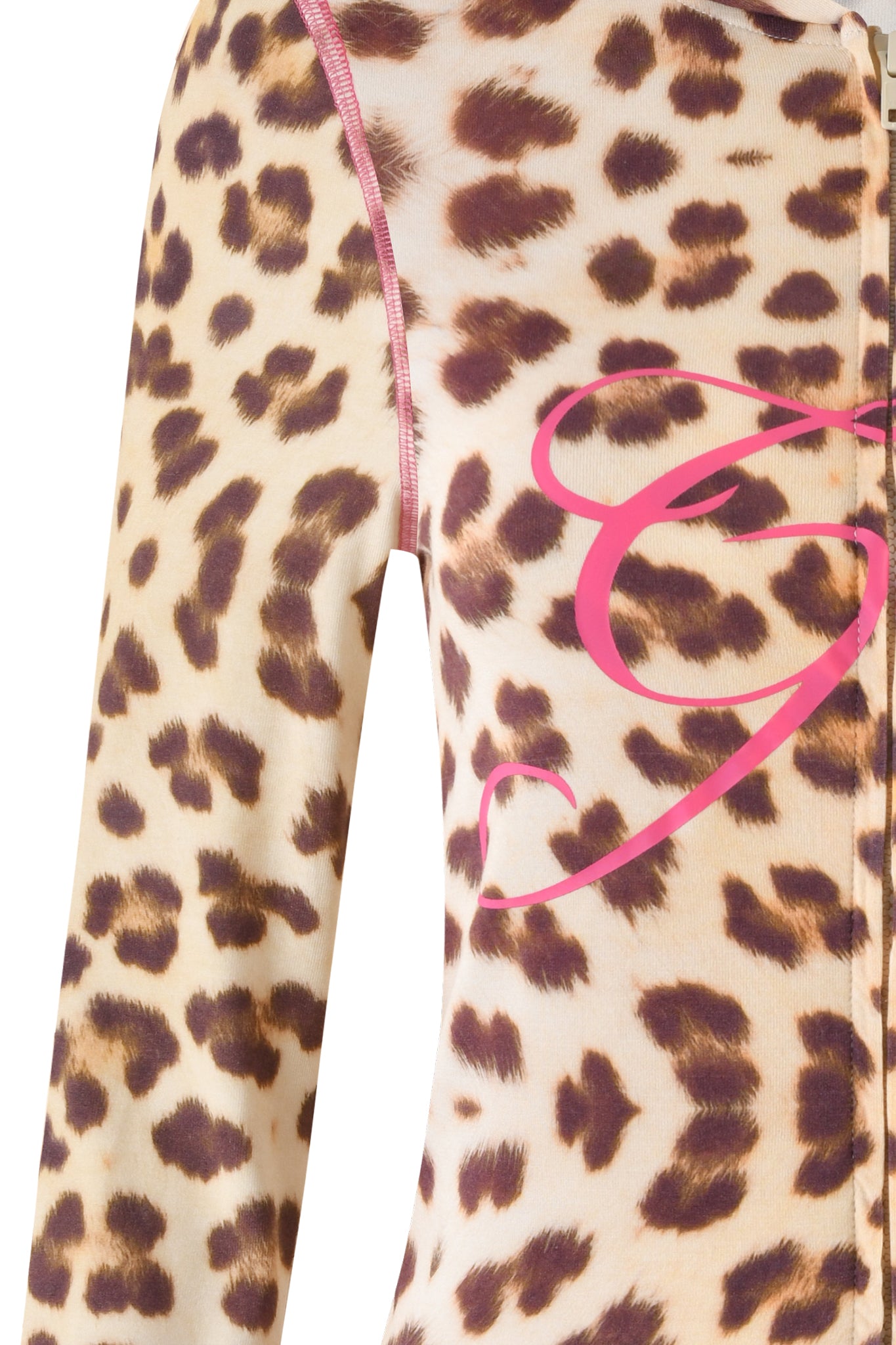 Close-up of the I.AM.GIA BLARE HOODIE - NEUTRAL : LEOPARD : WILD CARD, featuring pink piping on the shoulder and a bold pink "S" on the front in a leopard print, channeling signature I.AM.GIA style.