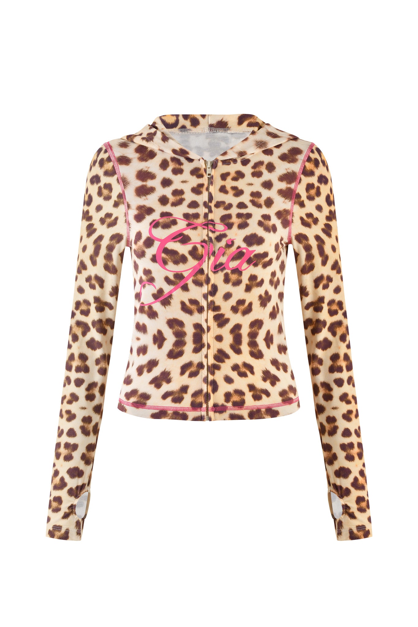 The I.AM.GIA BLARE HOODIE - NEUTRAL : LEOPARD : WILD CARD features a long-sleeve, zip-up design with a leopard print, pink stitching accents, and "Gia" in pink cursive on the front for a signature look.