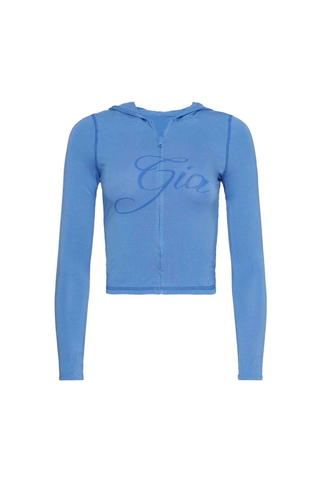 The BLARE HOODIE - BLUE by I.AM.GIA is a fitted, long-sleeve, cropped bodycon zip-up hoodie with visible stitching and "Gia" in cursive across the chest.