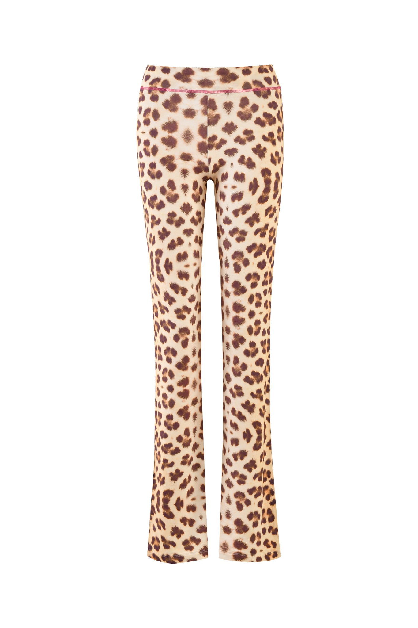 The I.AM.GIA BLARE TRACKPANT - NEUTRAL : LEOPARD : WILD CARD features a high waist and flared legs, with bold brown and black leopard spots on a beige base, shown against a white backdrop.