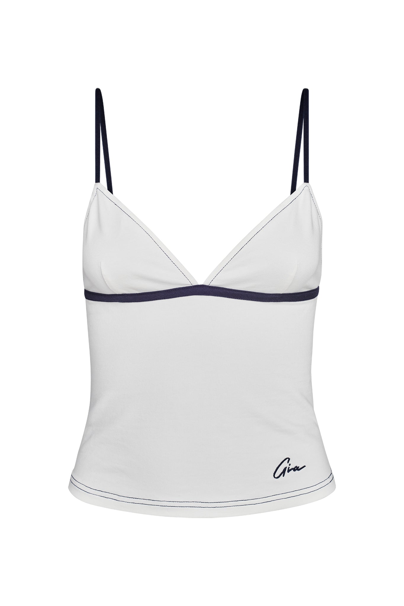 The EDITA TOP - WHITE by I.AM.GIA is a triangle bust top with adjustable satin straps, a deep V neckline with dark trim under the bust, and the signature logo near the left hem, inspired by I.AM.GIA’s classic tank style.