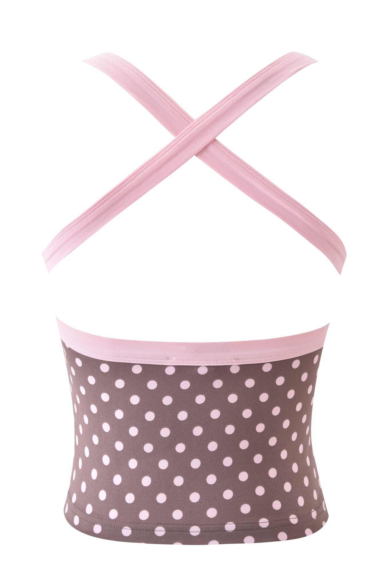 The I.AM.GIA BLARE HALTER STRAP TOP - PINK CHOCOLATE is a sleeveless tank with pink polka dots on brown, light pink trim, and crisscrossed pink back straps.