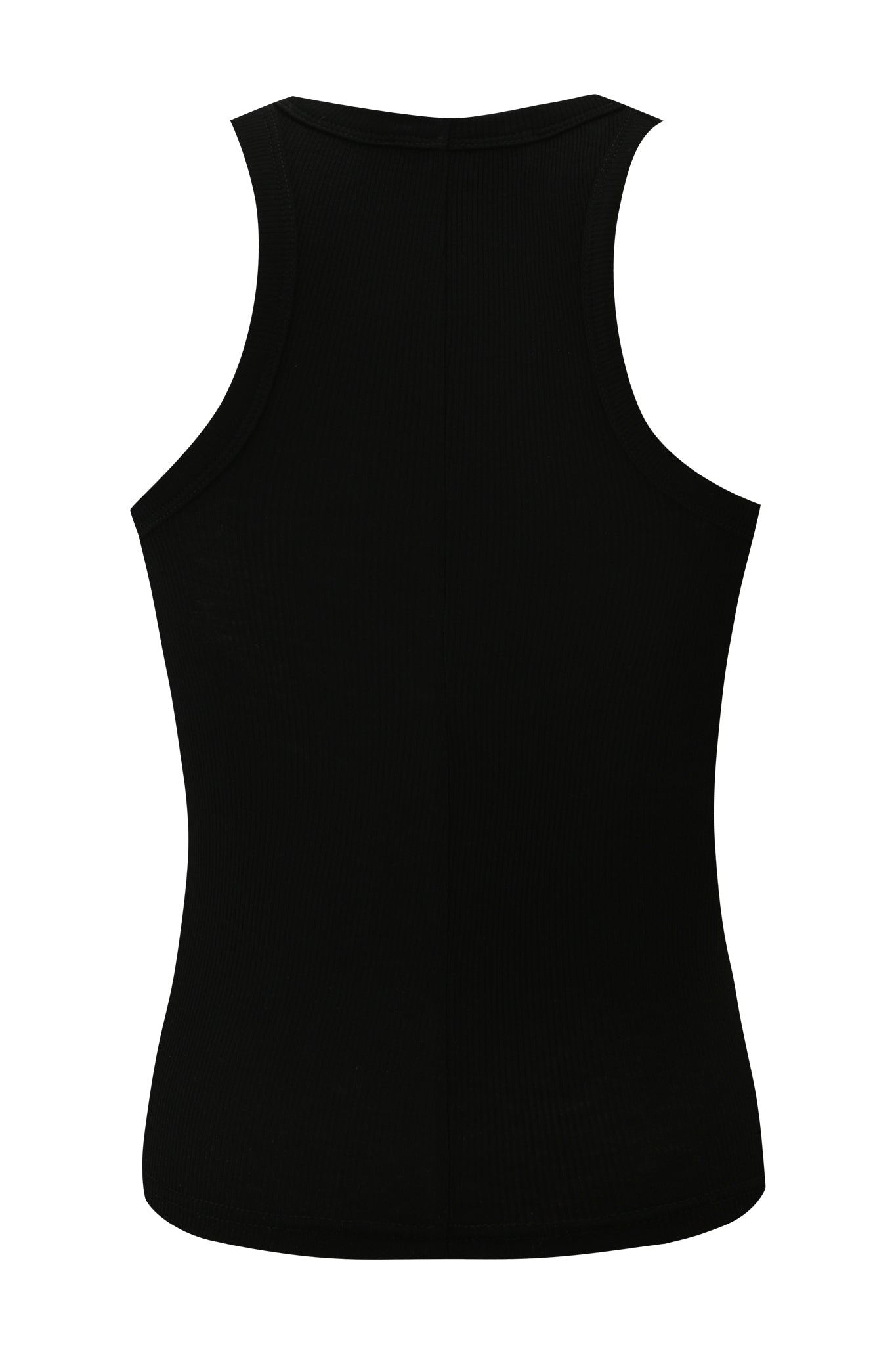 The PENELOPE TANK - GIA LOGO by I.AM.GIA is a sleek, black ribbed fitted top featuring a racerback design and a streamlined silhouette, shown from the back.