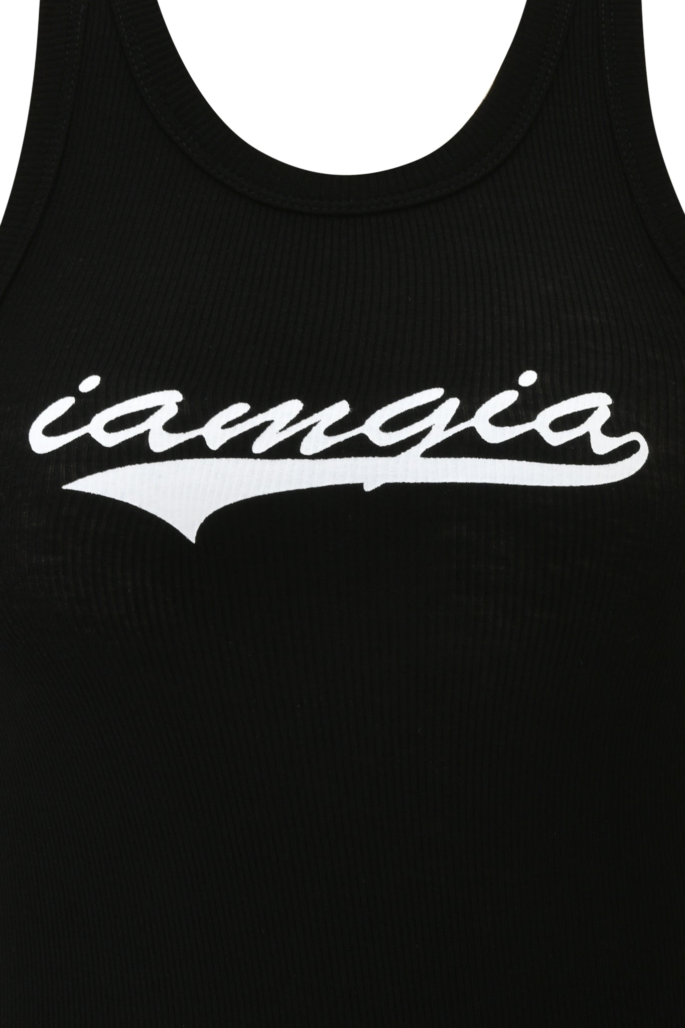 A close-up of the I.AM.GIA PENELOPE TANK - GIA LOGO, a black ribbed fitted top with "iamgia" in white cursive across the chest.