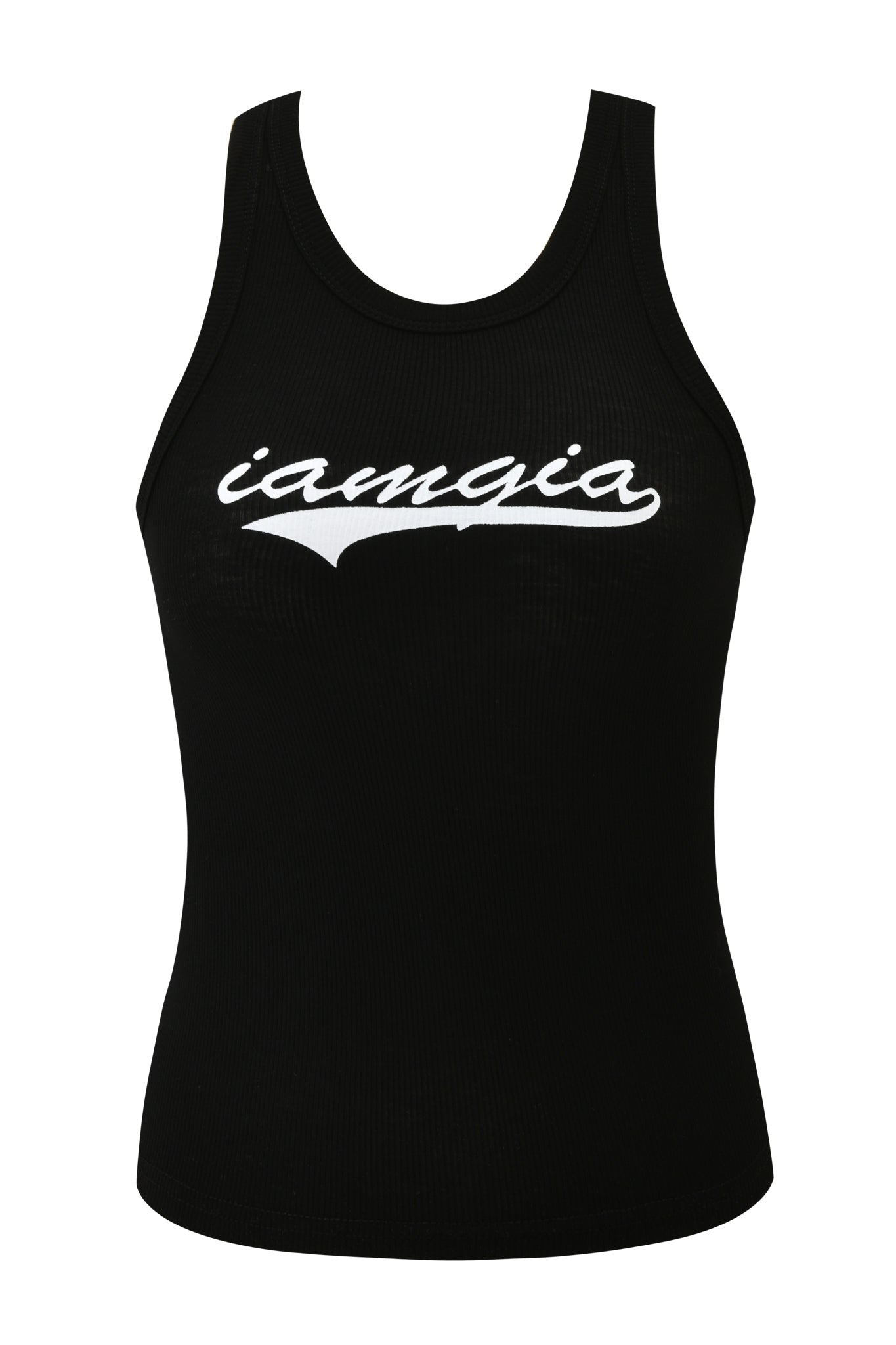 The I.AM.GIA PENELOPE TANK - GIA LOGO is a black, fitted racer tank with a ribbed texture and rounded neckline, featuring "iamgia" in white cursive across the chest. Photographed on a plain white background.