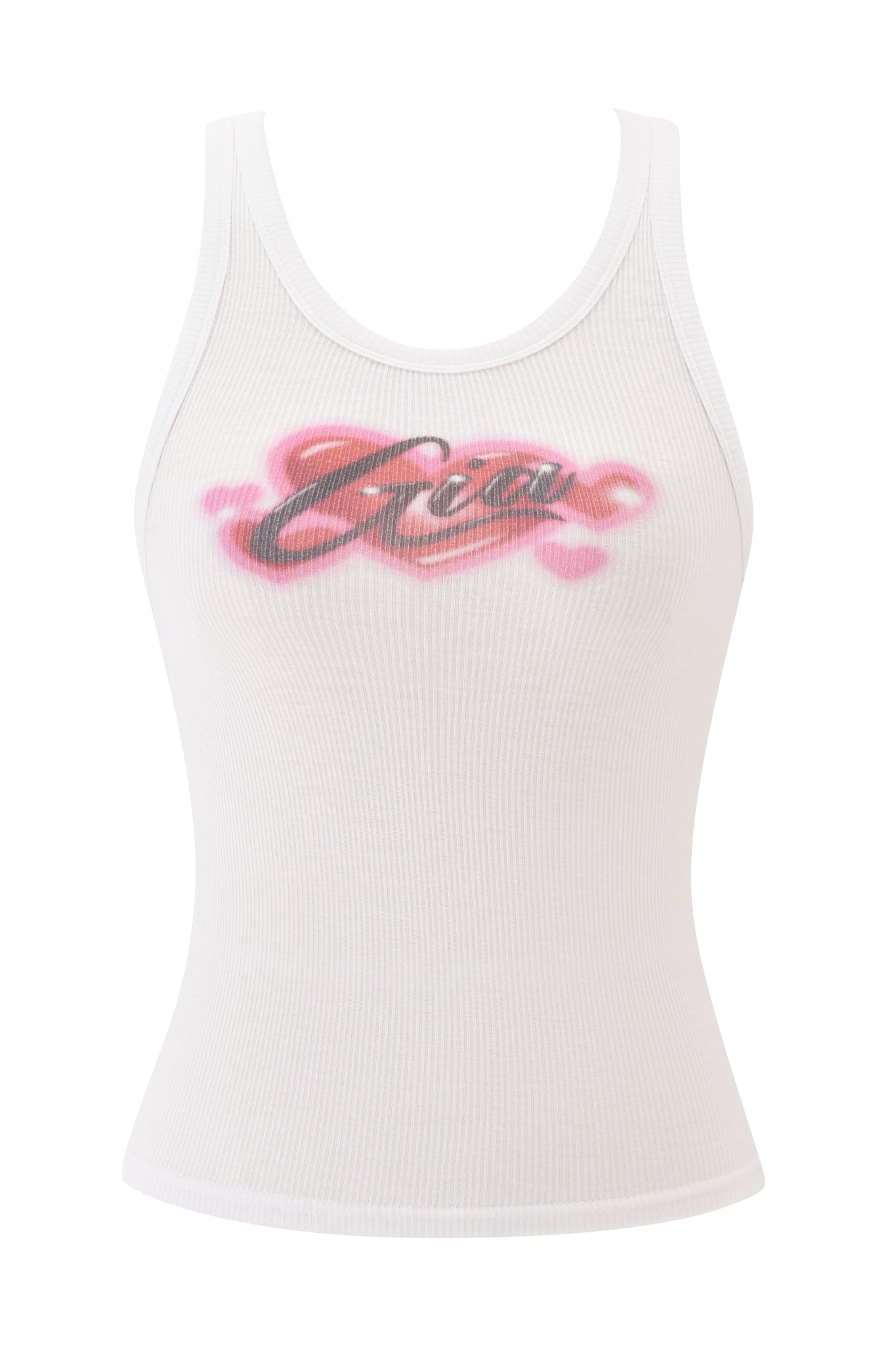 The I.AM.GIA PENELOPE TANK - PINK AIRBRUSH is a white ribbed racer tank with “Girl” airbrushed in pink and black script across the chest, shown on a plain white background.