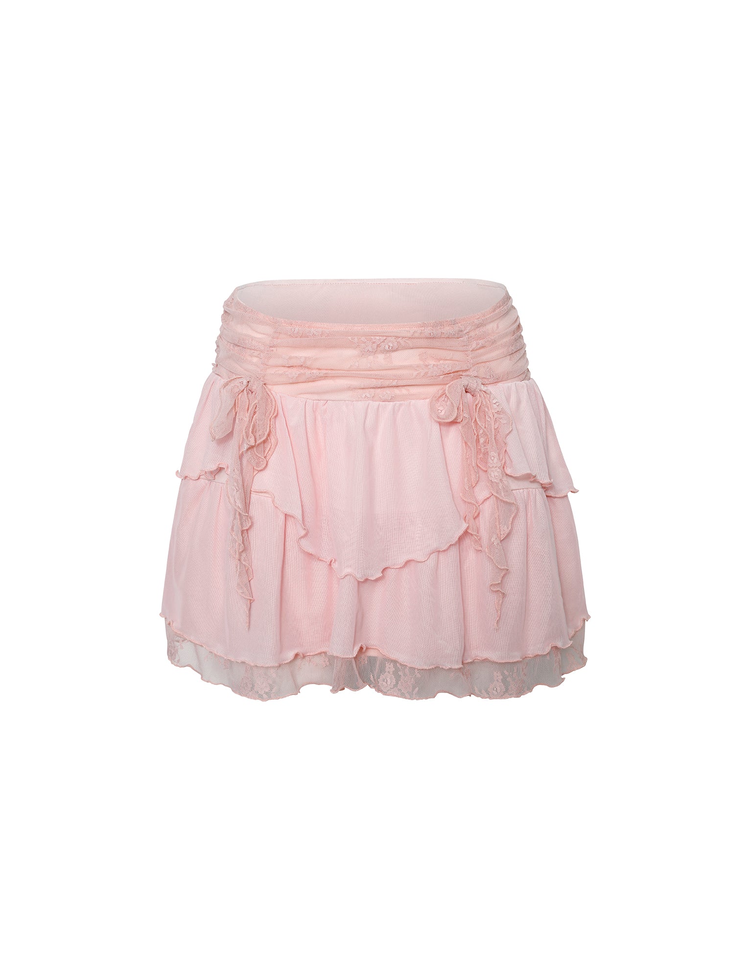The HARPER MINI SKIRT from TIGERMIST features a pastel pink hue with a ruched waistband. This baby pink mini skirt is designed with soft, delicate fabric, complete with ruffled detailing and an asymmetric hemline. Its sheer outer layer adds a light, airy feel to the design.