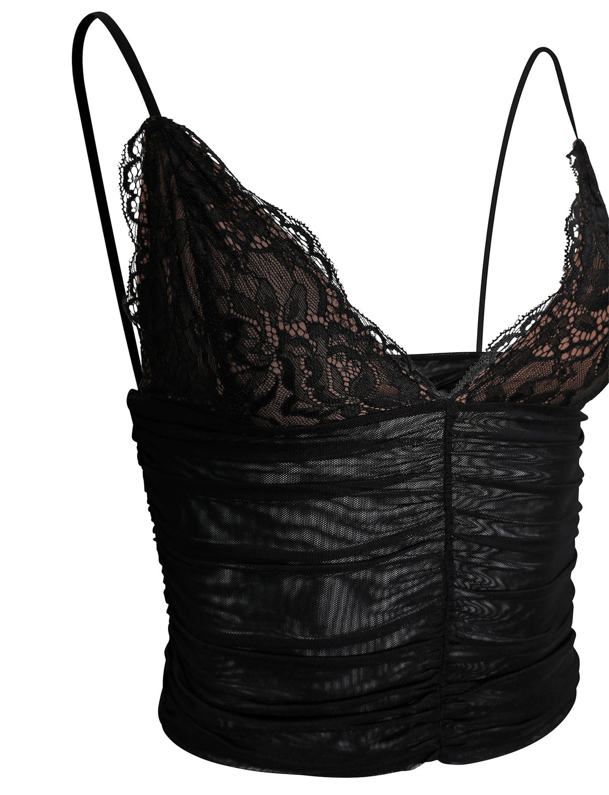 The DEENA TOP - BLACK from TIGERMIST showcases a fitted lace camisole design with thin straps and a ruched bodice. Its floral lace pattern over a sheer mesh layer gives the top a delicate and elegant appearance.