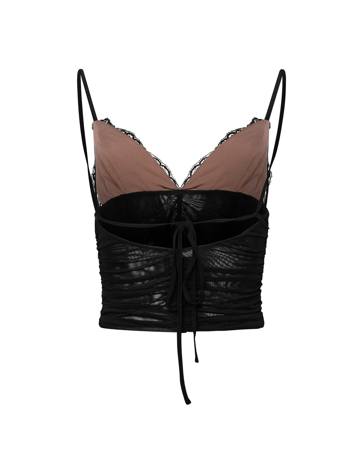 The DEENA TOP - BLACK from TIGERMIST is a stylish women's crop tank top with spaghetti straps, featuring ruched black fabric and a lace-trimmed brown bust area. An adjustable tie at the front adds a chic detail to the overall design.