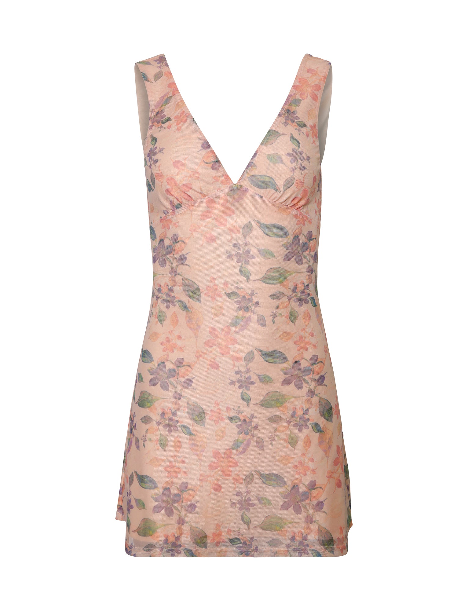 The CYRUS DRESS - ORANGE: PEACH WATERCOLOUR FLORAL by TIGERMIST is a sleeveless, V-neck dress with a light floral print pattern in shades of pink, purple, and green. It extends to mid-thigh length and has a fitted silhouette.