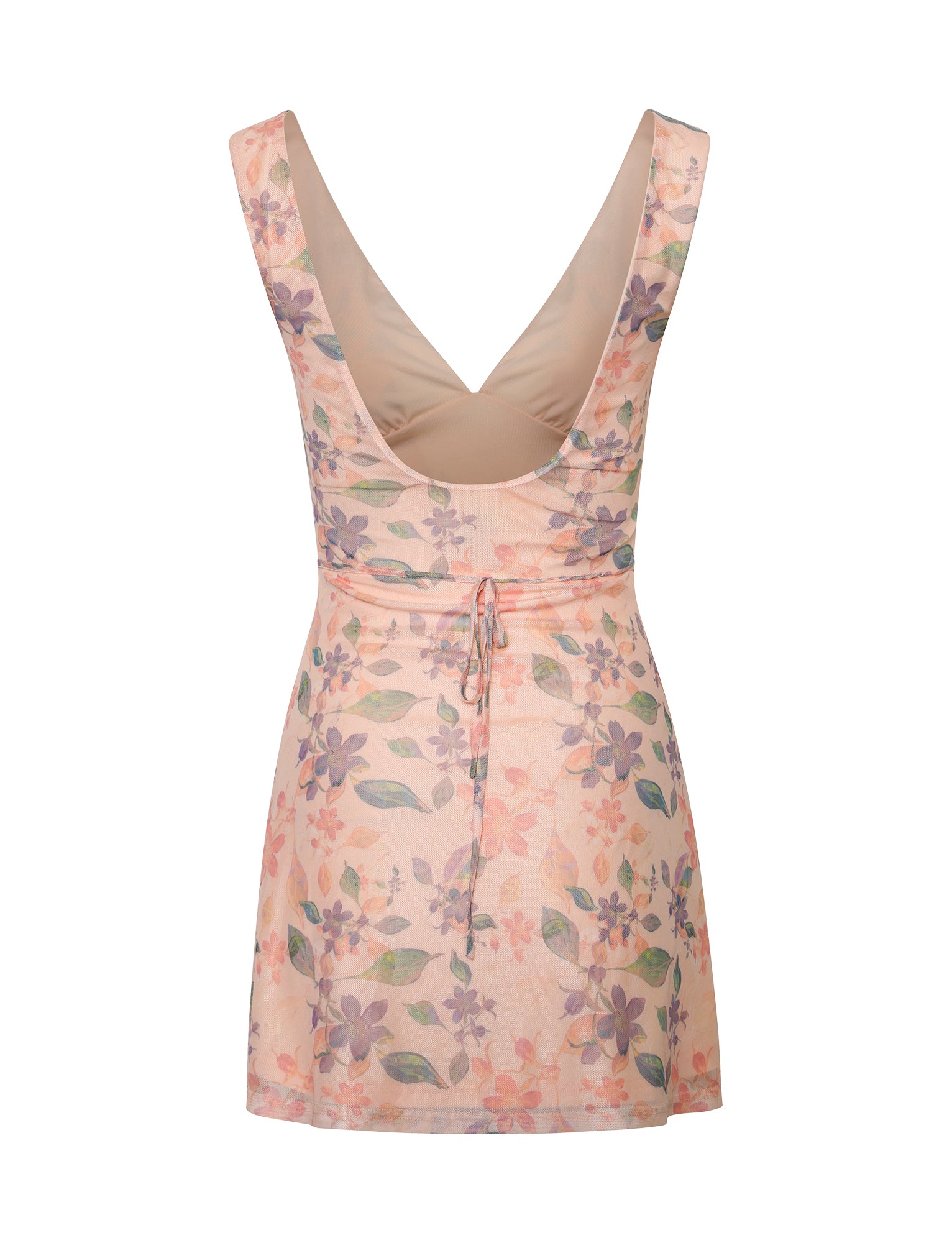 The TIGERMIST CYRUS DRESS in ORANGE : PEACH WATERCOLOUR FLORAL is a sleeveless dress featuring a deep V back and a floral pattern with vibrant pink, purple, and green hues on a light beige background. It includes an adjustable waist string and has a mid-thigh length hemline.