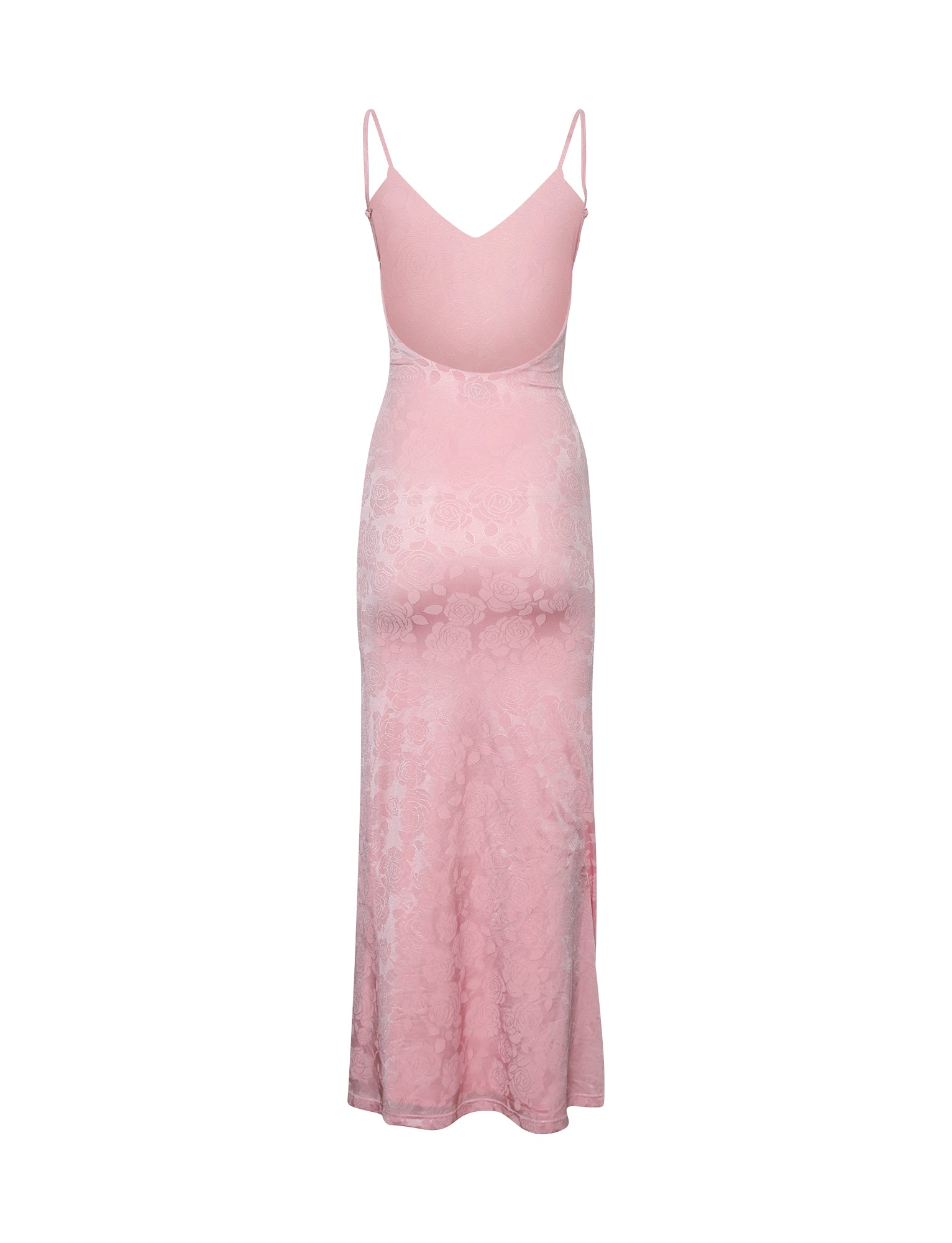 The ERICKA DRESS - PINK from TIGERMIST is a long, sleeveless dress featuring thin spaghetti straps and a deep, rounded back. The fabric showcases a delicate floral pattern with a slight sheen. This stylish garment is fitted at the top and gradually flares out towards the bottom.