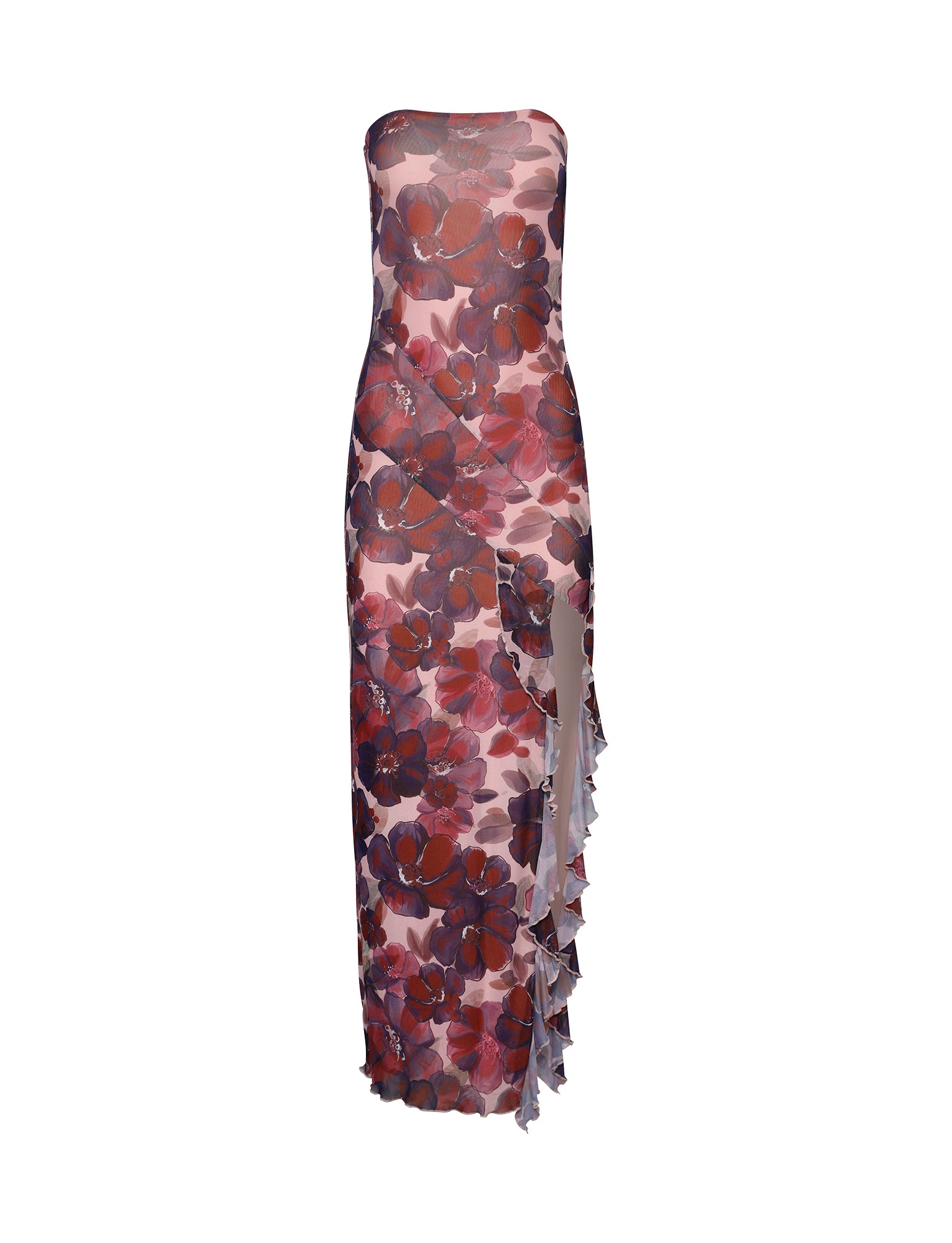 The THEO MAXI DRESS - RED : ROMANTIC MACRO FLORAL by TIGERMIST is a stunning strapless, floor-length dress that showcases a vibrant floral pattern in shades of red and purple. The dress features a semi-sheer overlay with a side slit adorned with cascading ruffles, adding an elegant touch and enhancing the fluid movement of the design.