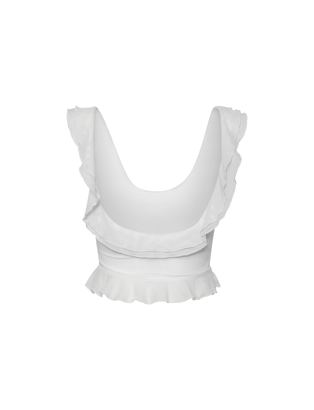Introducing the STORMI TOP - WHITE by TIGERMIST, a chic sleeveless crop top designed with a scoop neckline and ruffled shoulder straps. The light and airy fabric offers comfort, while the slightly flared hemline adds an extra touch of charm.