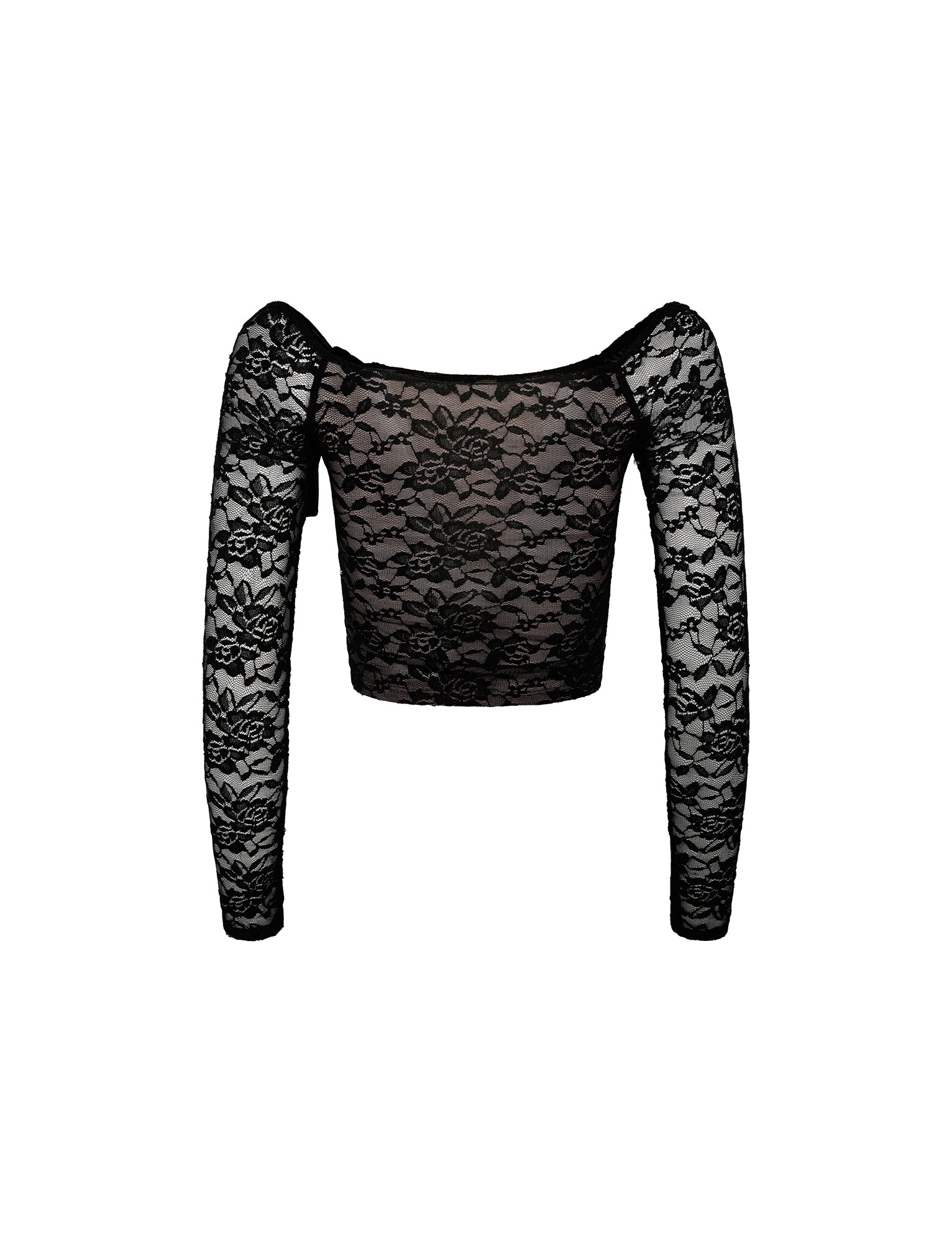 Introducing the CYD L/S TOP - BLACK from TIGERMIST, a stunning long-sleeved cropped top featuring an off-the-shoulder design. This elegant piece boasts an intricate floral lace pattern that covers the entire top, giving it a semi-sheer appearance. Its fitted cut emphasizes a stylish and sophisticated look, making it perfect for any occasion.