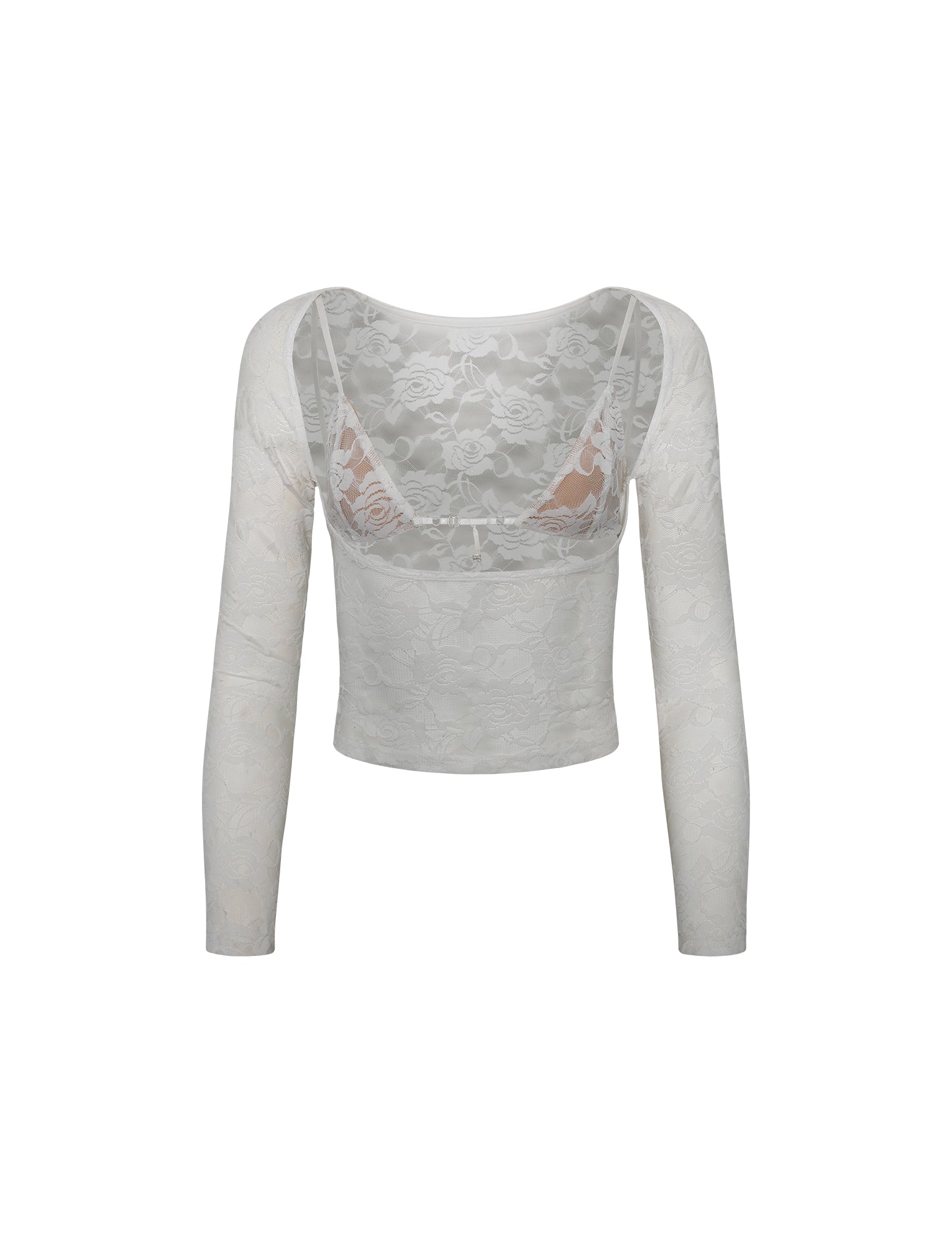 The CHRISTY LONG SLEEVE TOP - WHITE from TIGERMIST is a women’s long-sleeve lace top, featuring a semi-sheer floral lace pattern. This top has a fitted silhouette with a scoop neckline and is shown from the back.