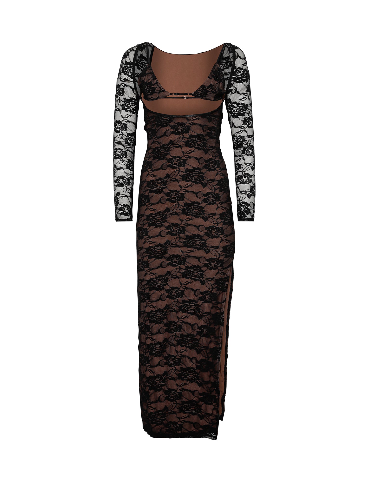 The CHRISTY LACE L/S MAXI DRESS - BLACK from TIGERMIST is a long lace dress with long sleeves, featuring a sheer brown underlayer. The dress has a scoop neckline and boasts an intricate floral lace pattern. It includes a cutout at the midriff and features a high slit on one side.