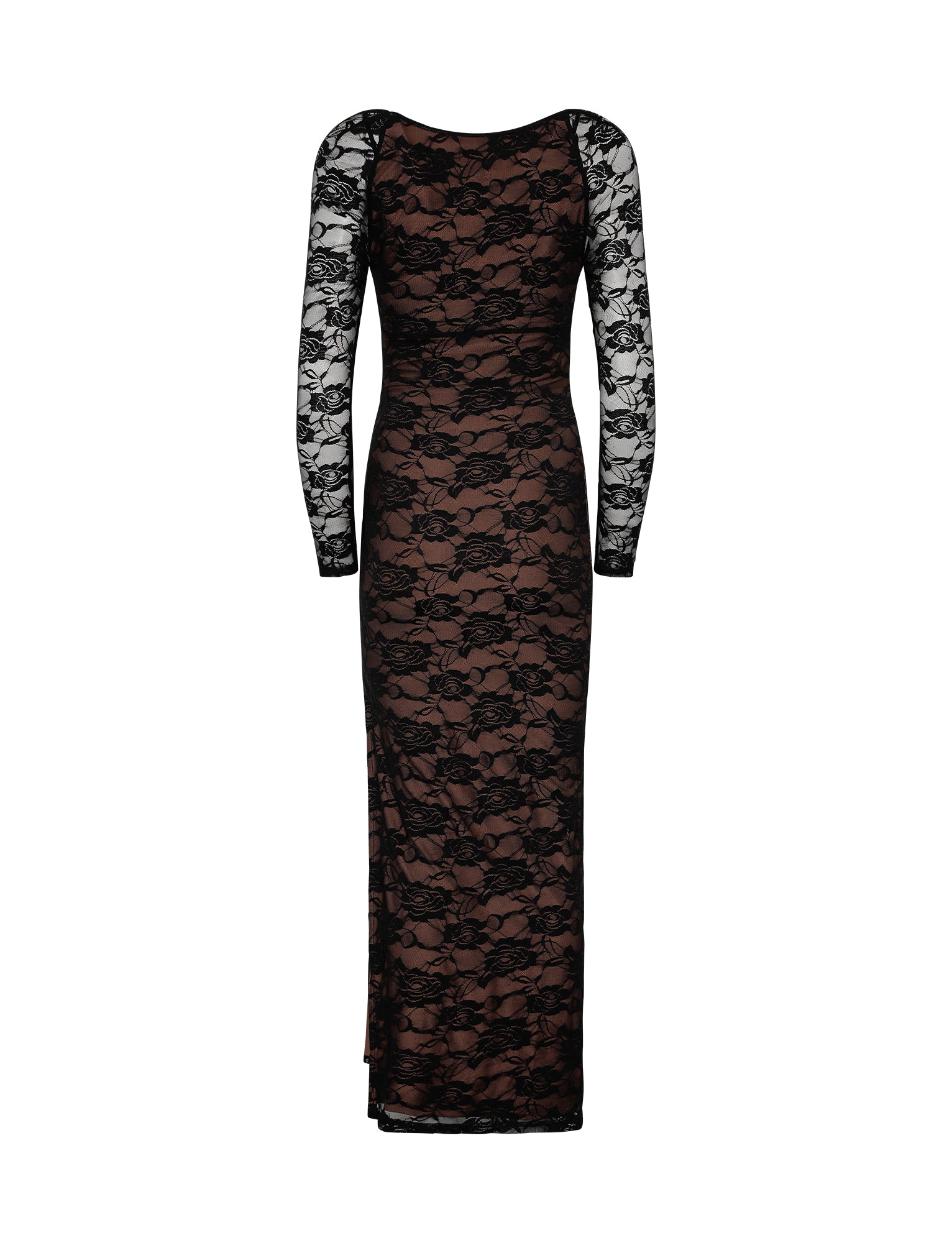 The CHRISTY LACE L/S MAXI DRESS - BLACK by TIGERMIST is a full-length, long-sleeve black lace dress with a fitted silhouette. It features an intricate floral lace pattern and a nude lining underneath, creating a two-tone effect. The round neckline enhances its elegant and sophisticated appearance.