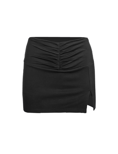 The TIGERMIST HAVANA SKORT - BLACK features front ruching, a small side slit at the hem, and is made from high stretch fabric, shown against a white background.