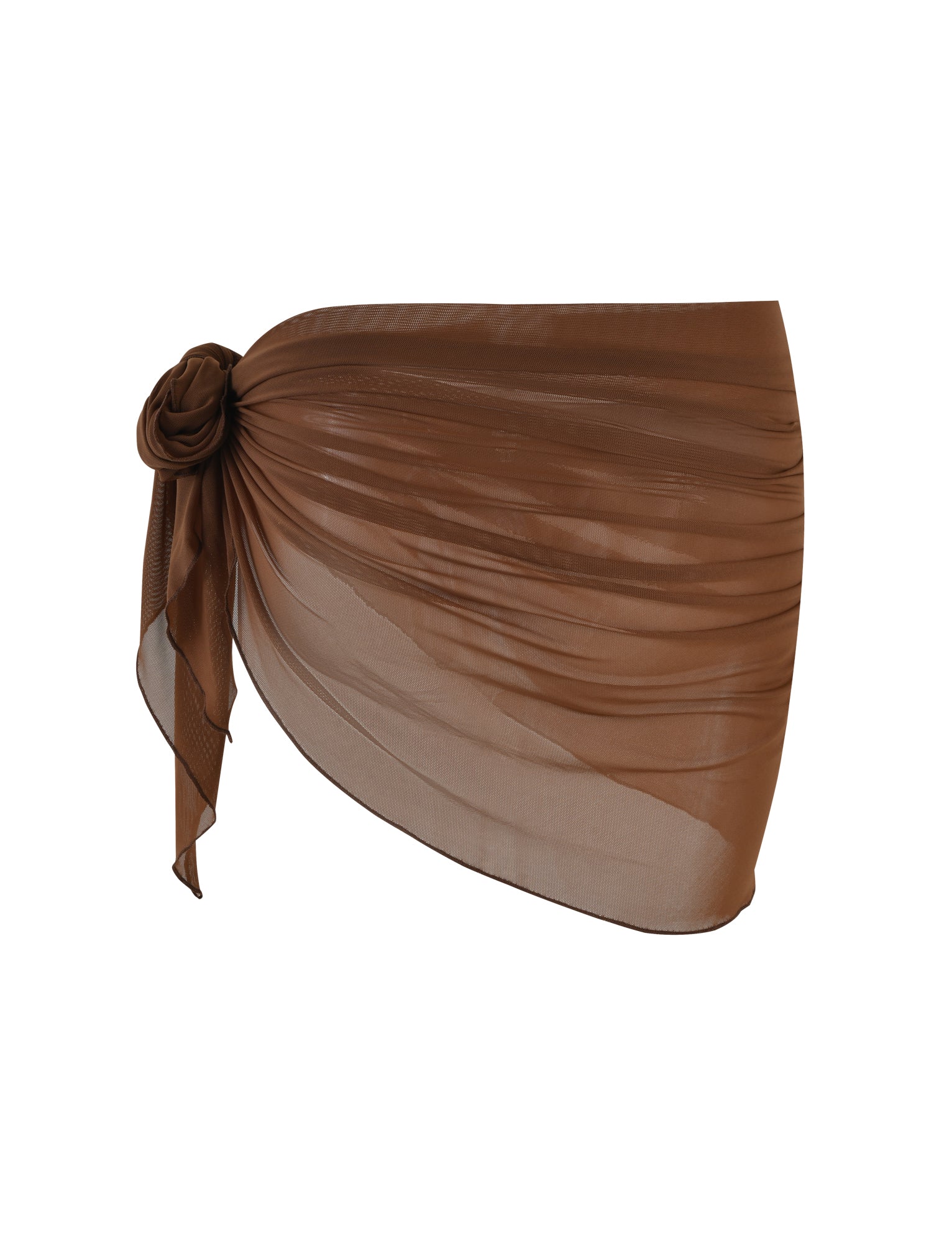 A brown, semi-transparent, knee-length PEACHY SARONG - BROWN : CHOCOLATE by TIGERMIST features a knotted detail on one side. The lightweight fabric is slightly pleated, creating a draped appearance.
