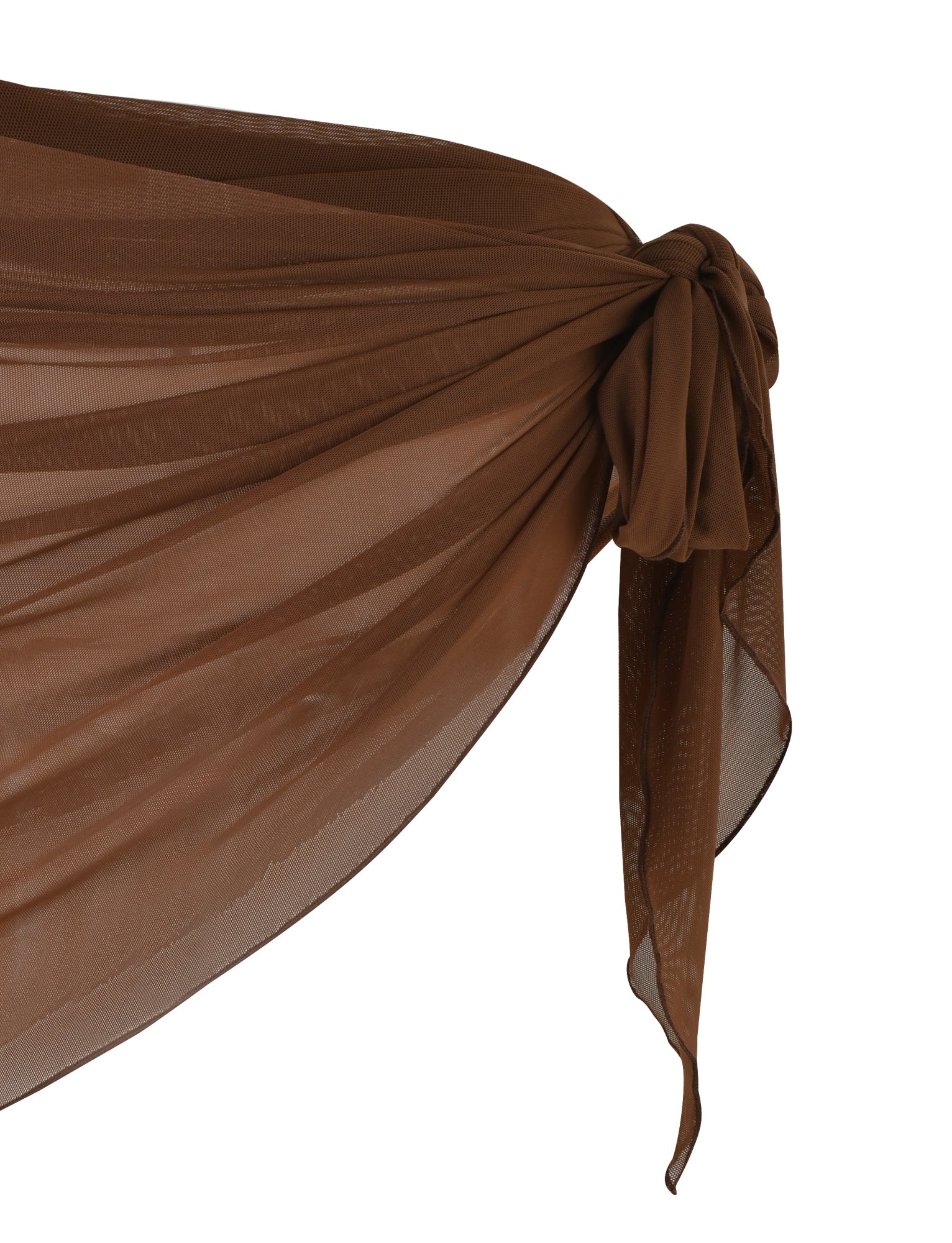 A close-up image of a brown PEACHY SARONG - BROWN : CHOCOLATE tied into a knot, creating a draped effect. The TIGERMIST fabric appears lightweight and flows naturally from the knot. The edges of the sarong are slightly transparent and have a soft sheen.