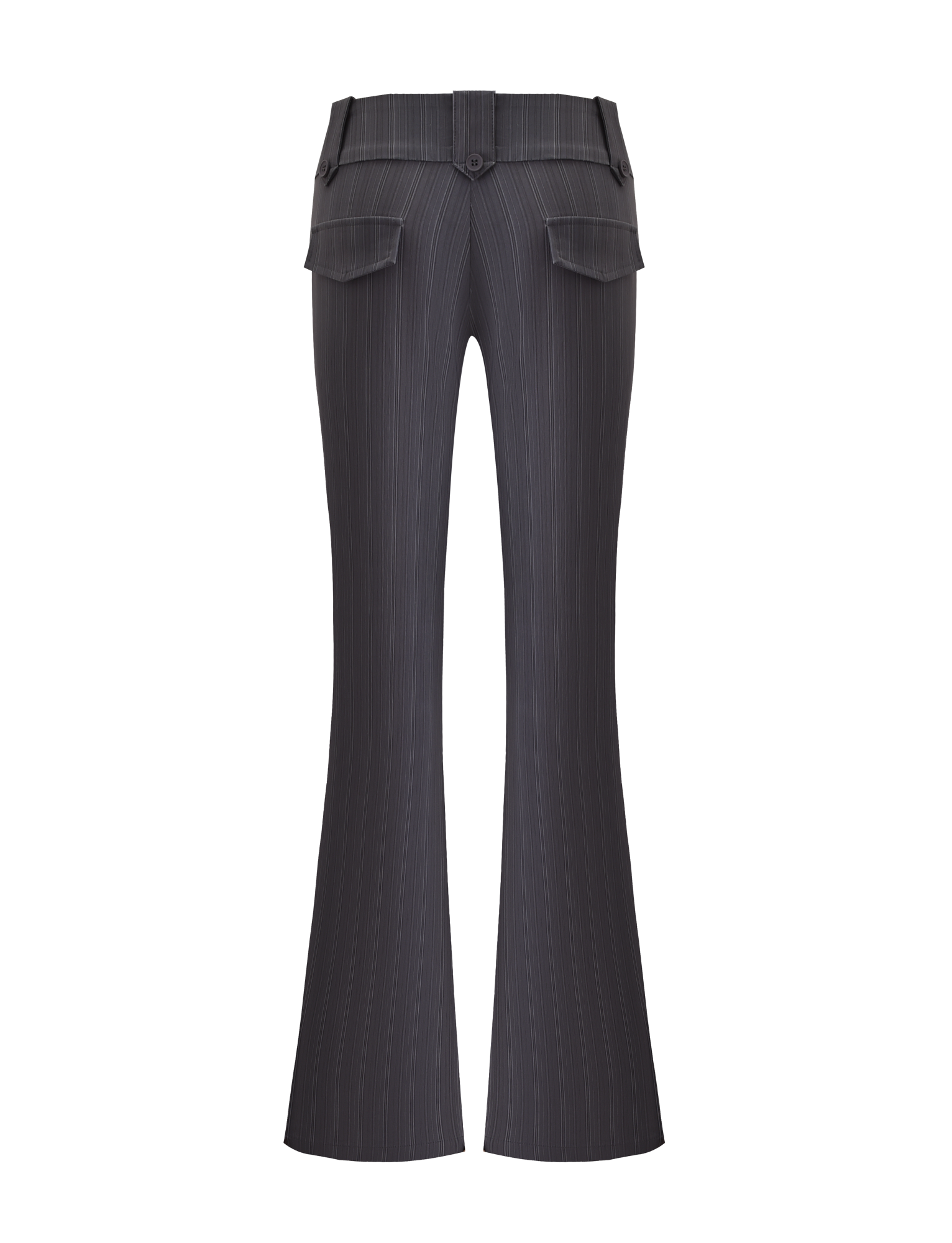 Back view of TIGERMIST's KITTIE PANT - GREY STRIPE, a high-waisted style with flared legs, belt loops, and two buttoned back flap pockets in stretch suiting fabric.