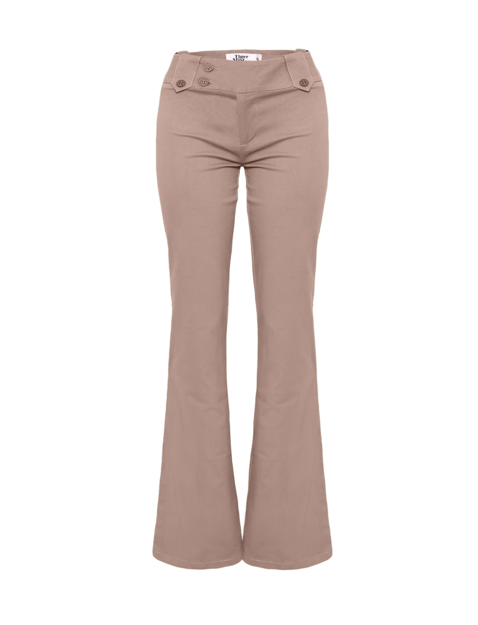 The TIGERMIST KITTIE PANT - TAUPE is a high-waisted, fitted pant with flared legs and front button details, shown against a plain white background.