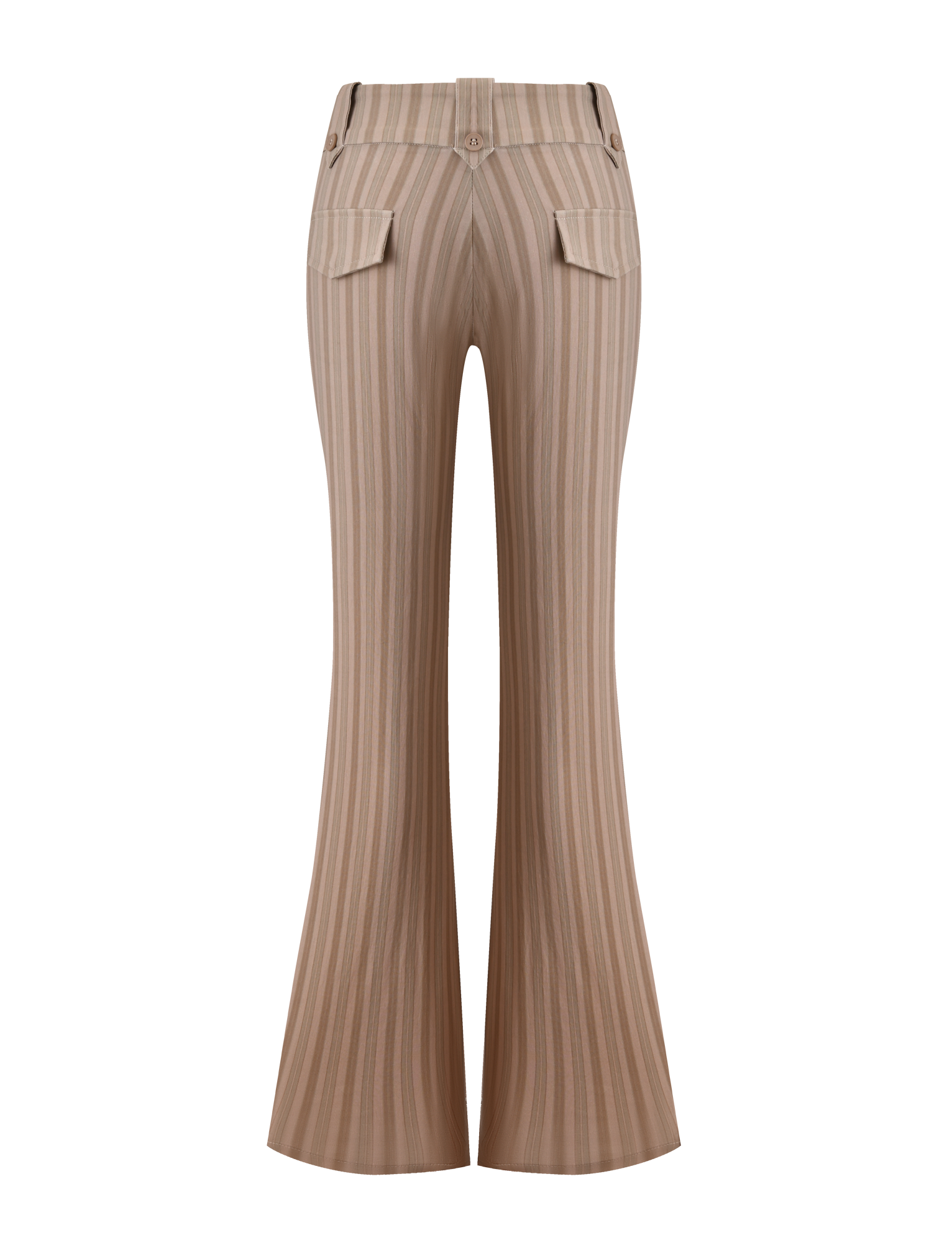 The TIGERMIST KITTIE PANT - TAUPE STRIPE is a beige high-waisted flared pant in stretch suiting fabric with taupe stripes, featuring two back flap pockets with buttons and a button waistband, shown from the back on a white background.
