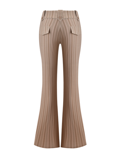 The TIGERMIST KITTIE PANT - TAUPE STRIPE is a beige high-waisted flared pant in stretch suiting fabric with taupe stripes, featuring two back flap pockets with buttons and a button waistband, shown from the back on a white background.