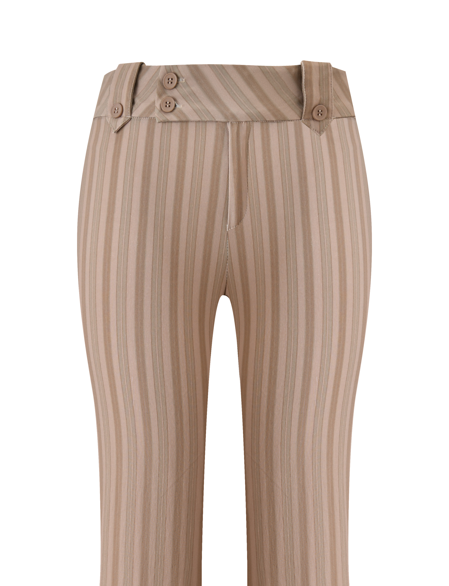 The KITTIE PANT - TAUPE STRIPE by TIGERMIST features stretch suiting fabric in beige with taupe stripes, a high waist, wide waistband, three distinctive buttons, tailored fit, and a sleek look without visible pockets.