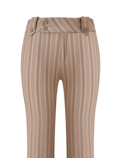 The KITTIE PANT - TAUPE STRIPE by TIGERMIST features stretch suiting fabric in beige with taupe stripes, a high waist, wide waistband, three distinctive buttons, tailored fit, and a sleek look without visible pockets.