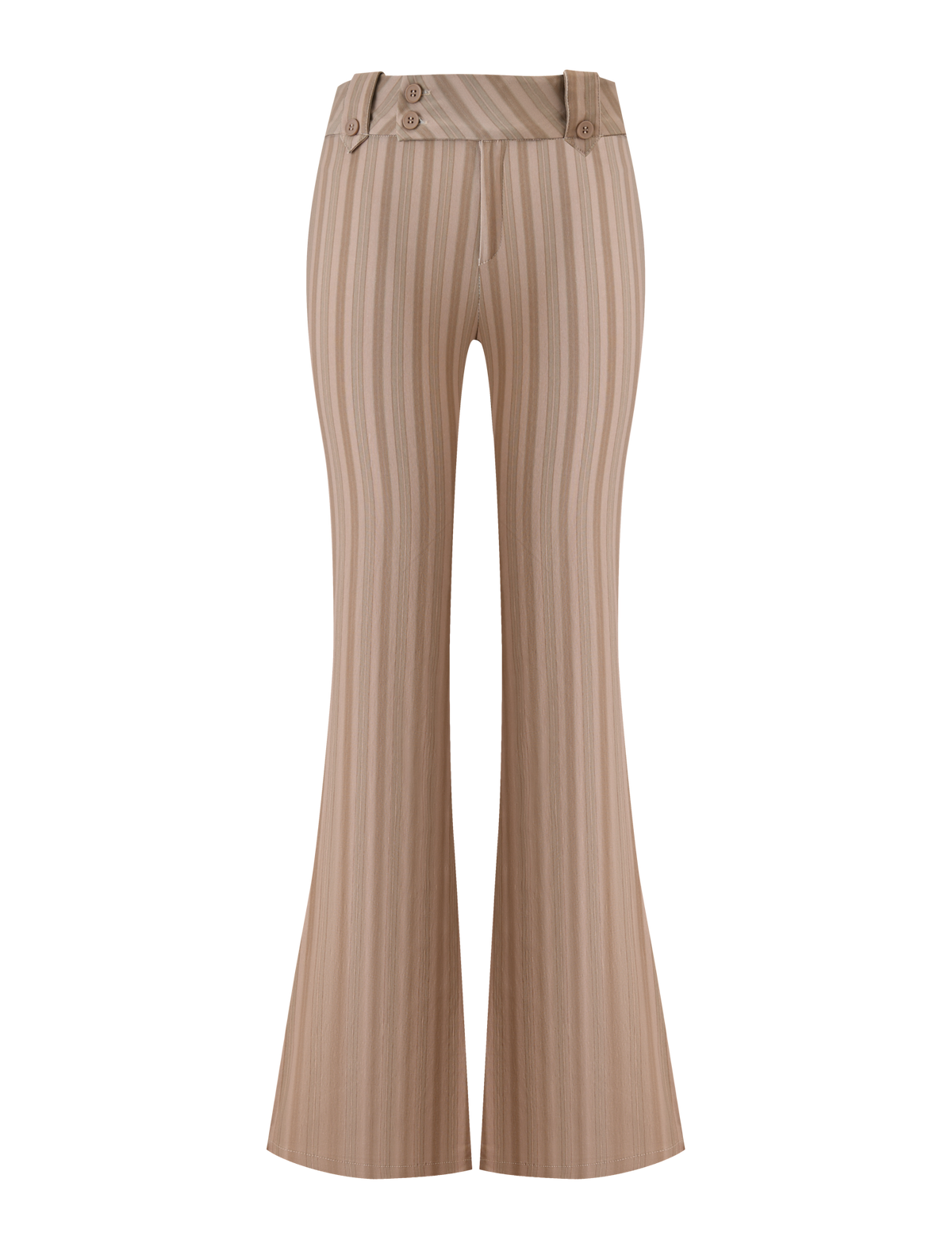 The TIGERMIST KITTIE PANT - TAUPE STRIPE features tan, high-waisted flared legs with taupe stripes, button accents on the waistband, and a tailored fit in stretch suiting fabric, shown against a white background.