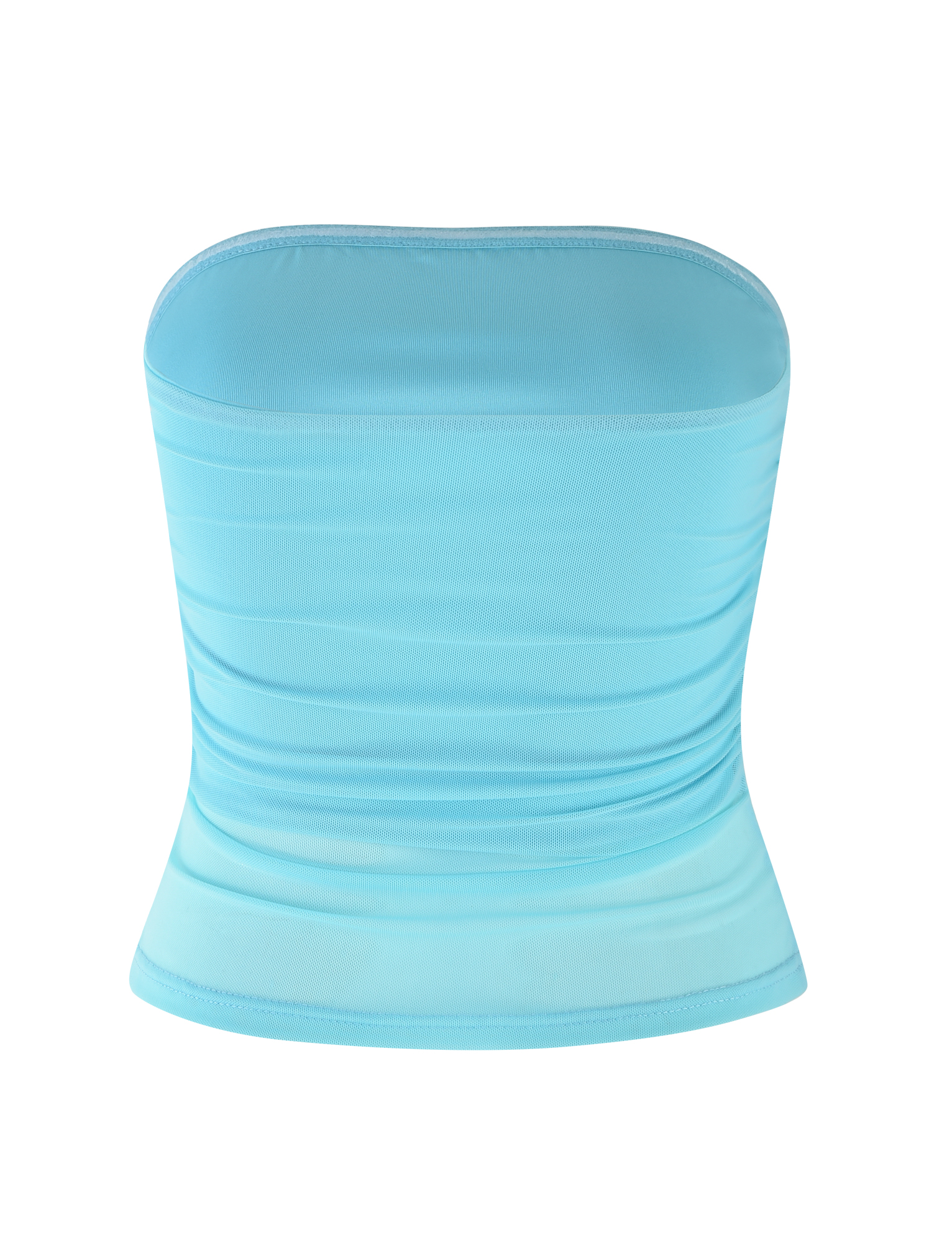 The TIGERMIST HARRIETT TUBE TOP in bright ice blue features a smooth, fitted mesh silhouette with slight side gathering, shown against a white background.