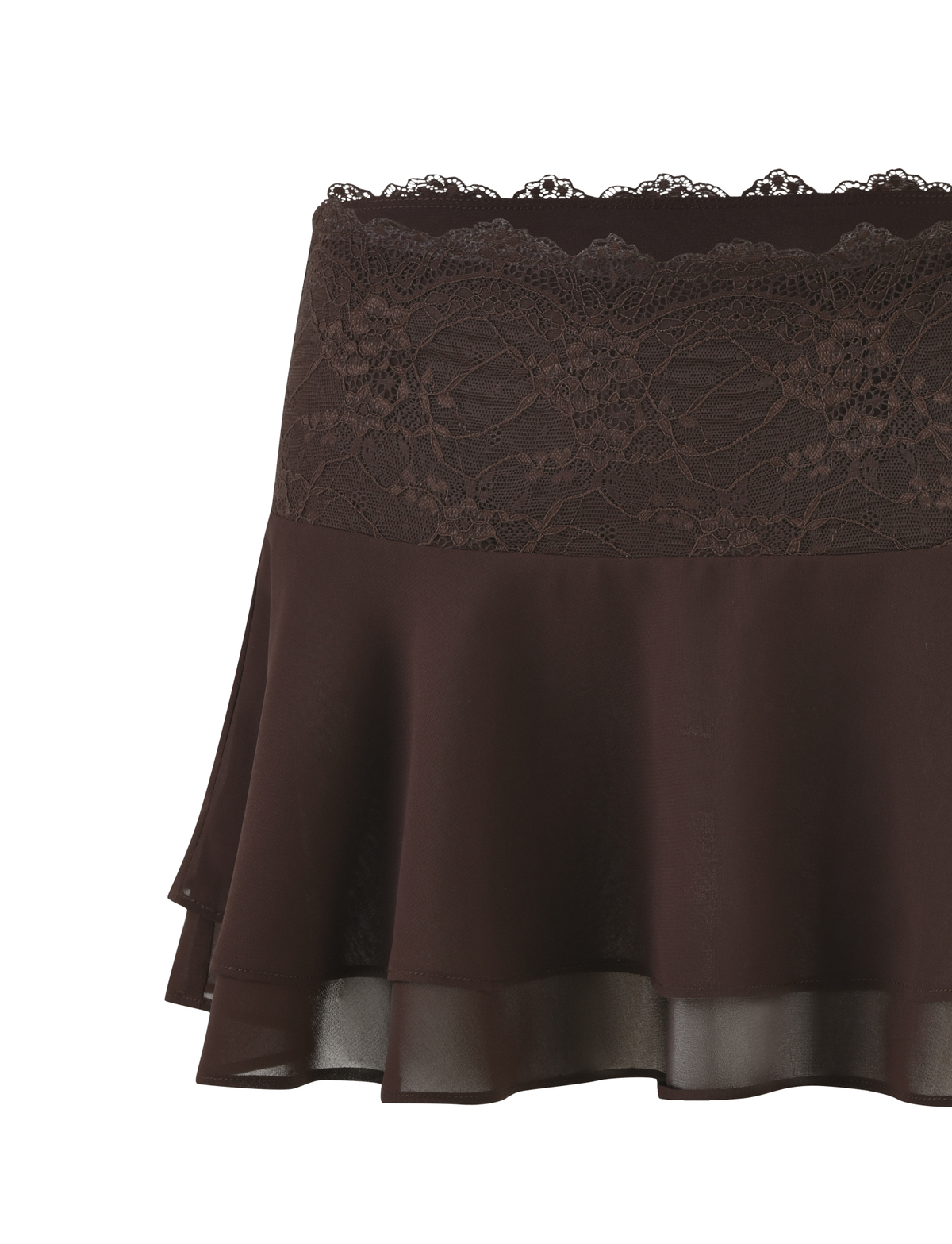 The TIGERMIST INDIGO MINI SKIRT - BROWN : CHOCOLATE features a wide lace waistband and a flared, layered chiffon hem, adding a delicate, feminine touch to this elegant mini skirt.