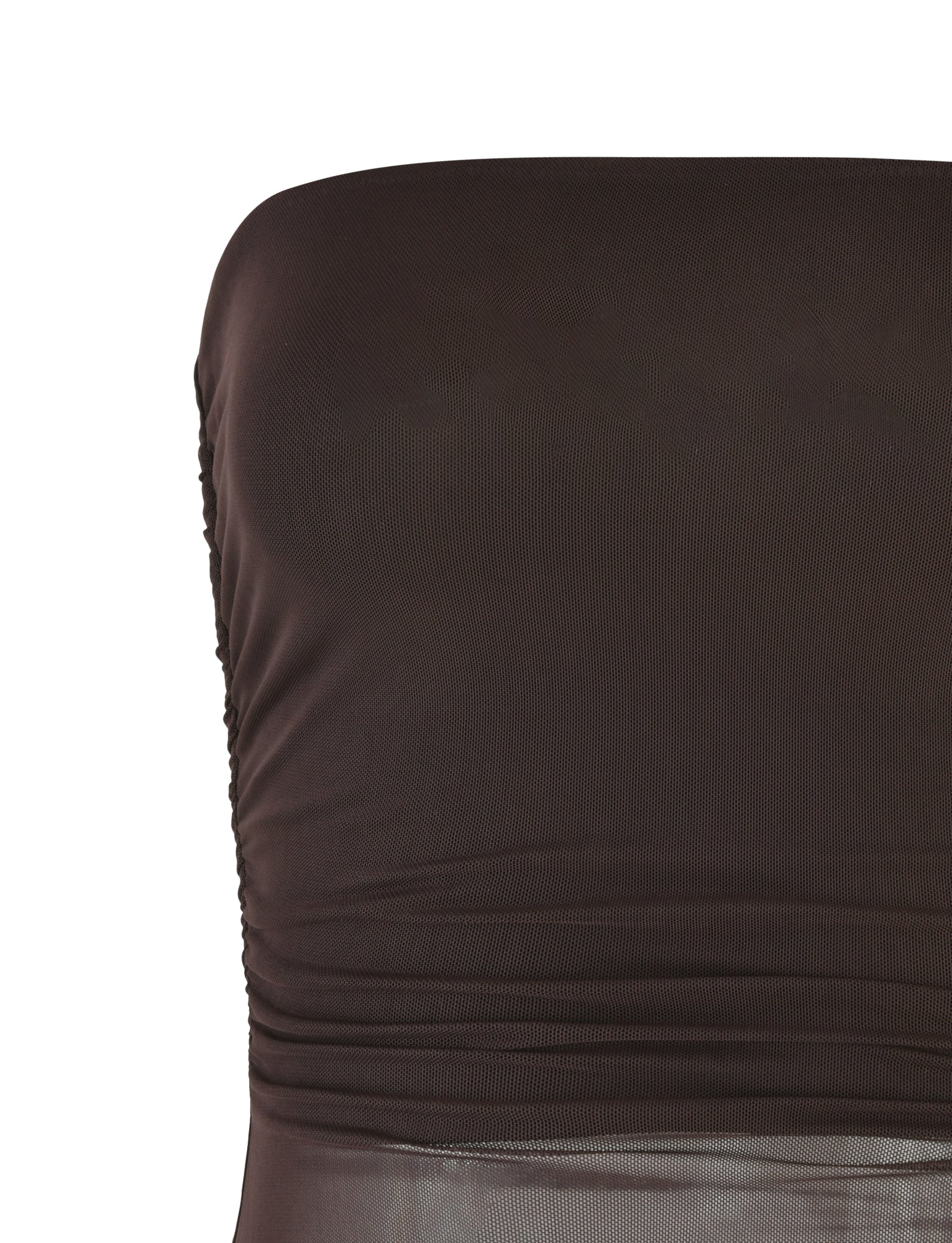 Close-up of the TIGERMIST Harriett Tube Top in Chocolate, a strapless brown outfit featuring a bodycon fit with ruching on the left side. The fabric looks smooth and slightly shiny, crafted with mesh for added stretch and style.