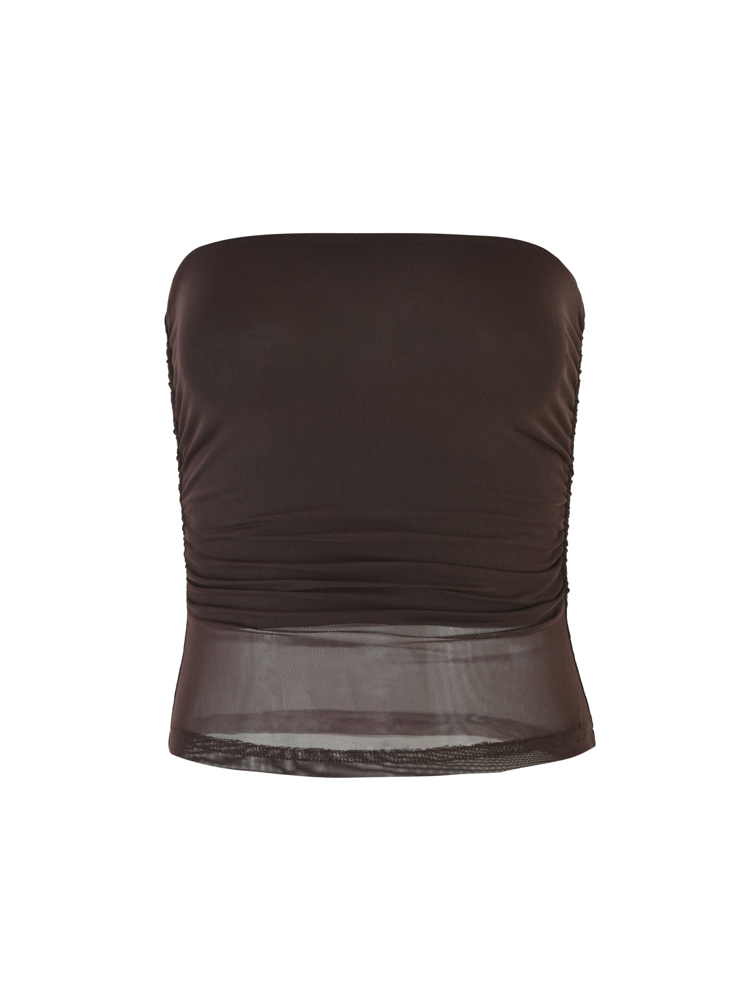 The TIGERMIST HARRIETT TUBE TOP in Chocolate is a strapless brown piece with a bodycon fit, featuring a ruched texture around the midsection and mesh fabrication at the sheer panel along the hem.