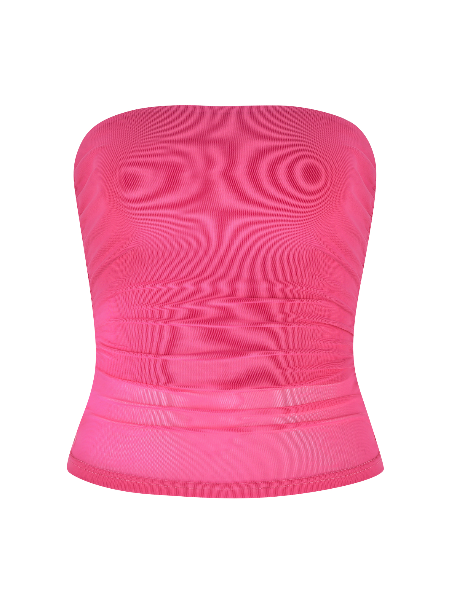 The TIGERMIST HARRIETT TUBE TOP - PINK features a strapless, fitted bodycon silhouette in bright pink with a smooth, slightly shiny texture, shown against a white background.