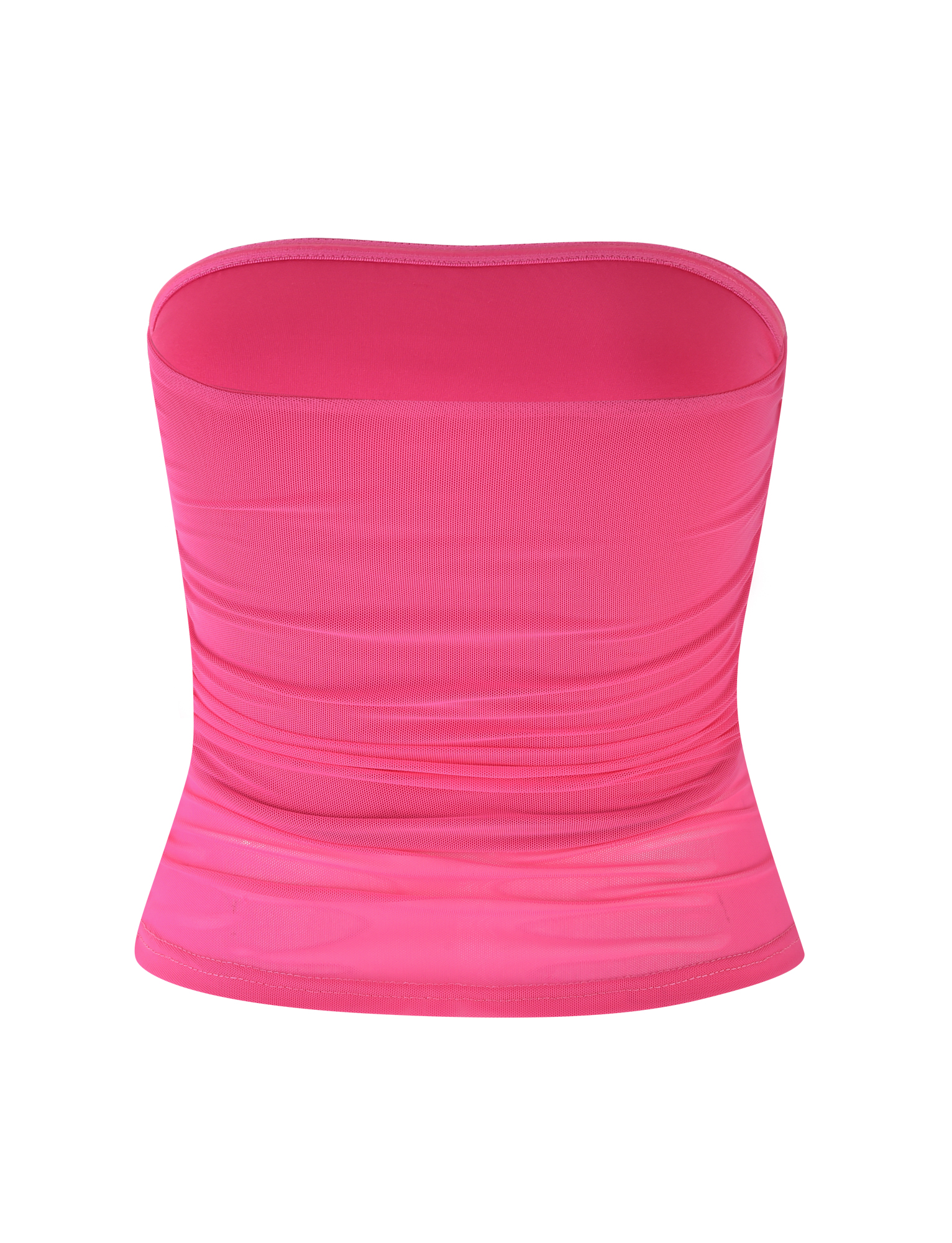 The TIGERMIST HARRIETT TUBE TOP - PINK features a strapless, ruched design with stretchy fabric for a bodycon fit, shown in bright pink on a white background.