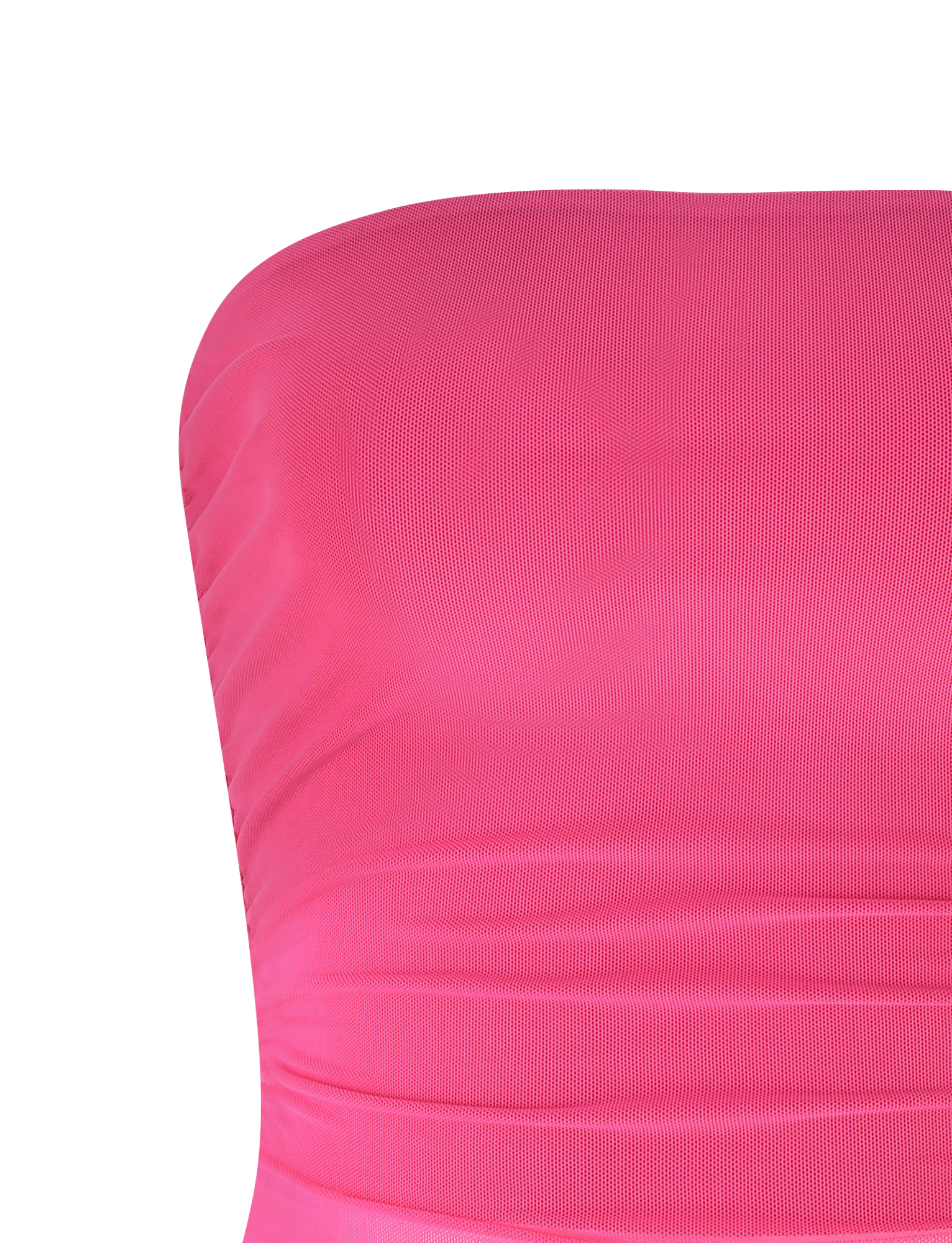 Close-up of the TIGERMIST HARRIETT TUBE TOP - PINK, a strapless, ruched bodycon top in bright pink, shown against a white background.
