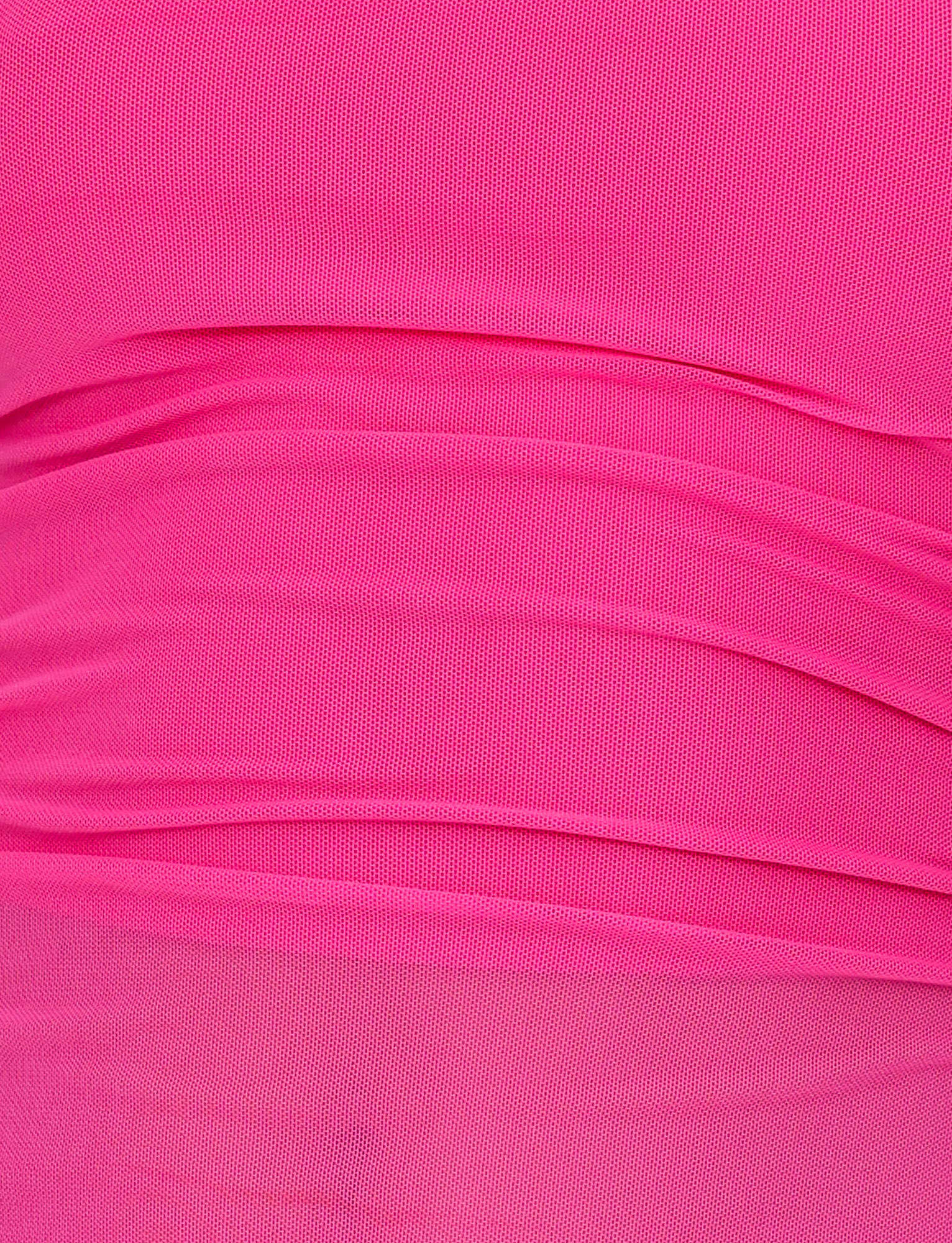 Close-up of the HARRIETT TUBE TOP - PINK by TIGERMIST, highlighting its bright pink, ruched fine mesh fabric with horizontal gathers and subtle shadows that define its flattering bodycon silhouette.