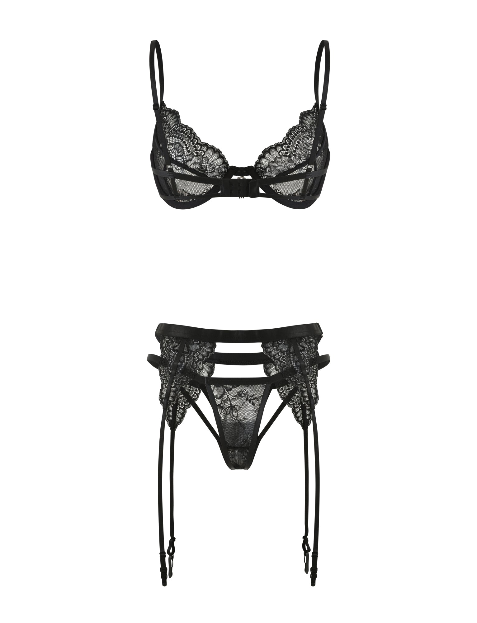 The JORDAN SET - BLACK by TIGERMIST features a black lace underwire bra with floral detailing and a garter belt with thigh straps, elegantly displayed against a white background.