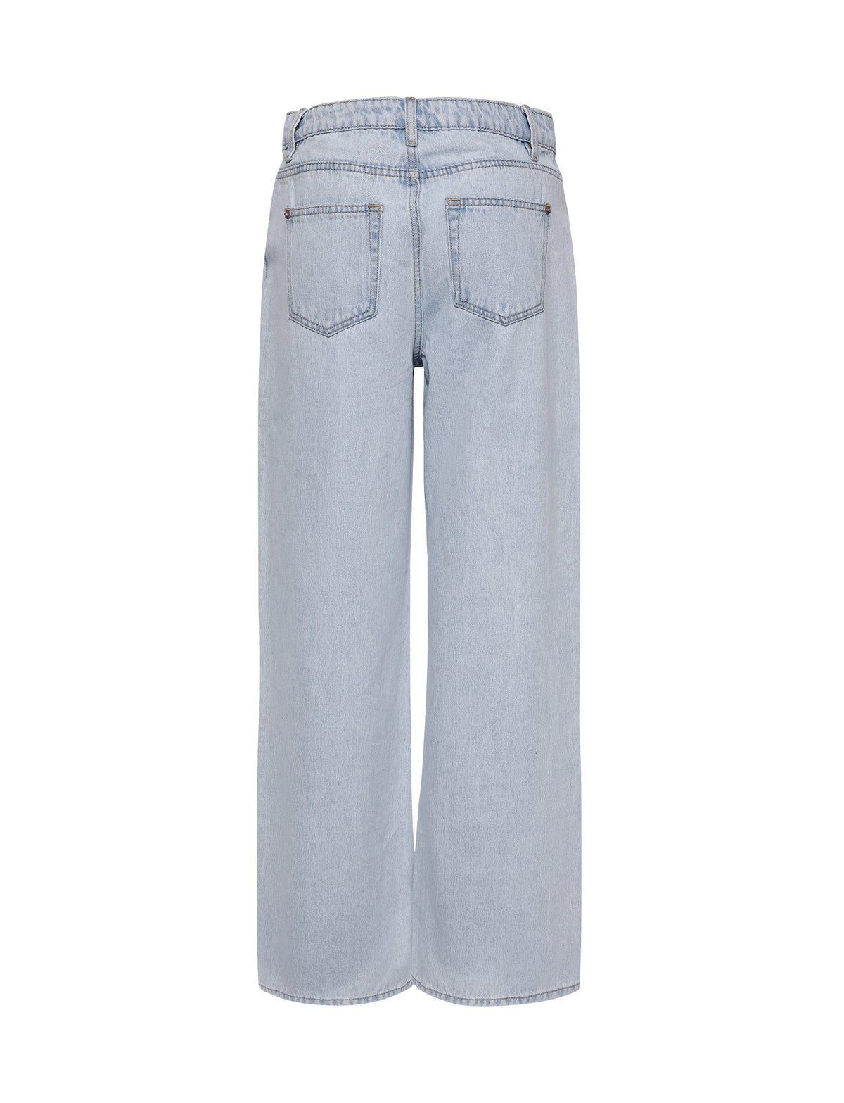 The image shows the back view of the FELIX JEAN - BLUE : LIGHT DENIM by TIGERMIST. These light blue jeans feature a high waist with belt loops and two back pockets. The legs are wide and straight, offering a relaxed fit. The fabric appears to be lightweight and slightly faded.