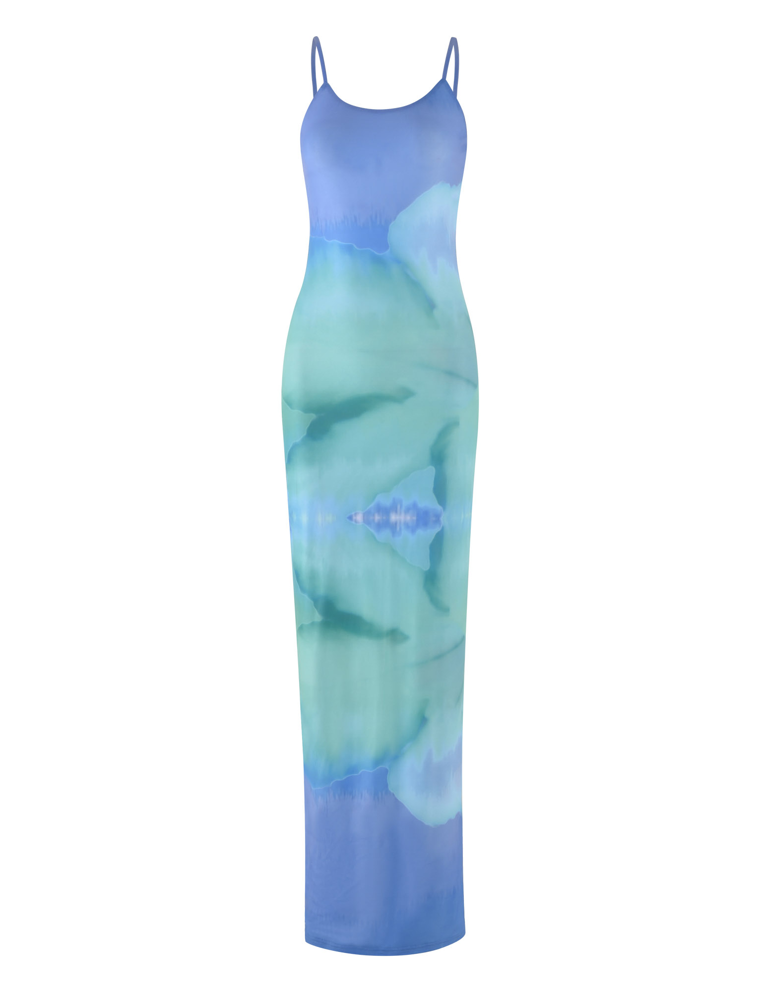 The TIGERMIST ARDON Maxi Dress features a sleeveless, bodycon fit with thin straps and an exclusive blue hibiscus macro floral print on white, made from high-stretch fabric for a perfect fit.
